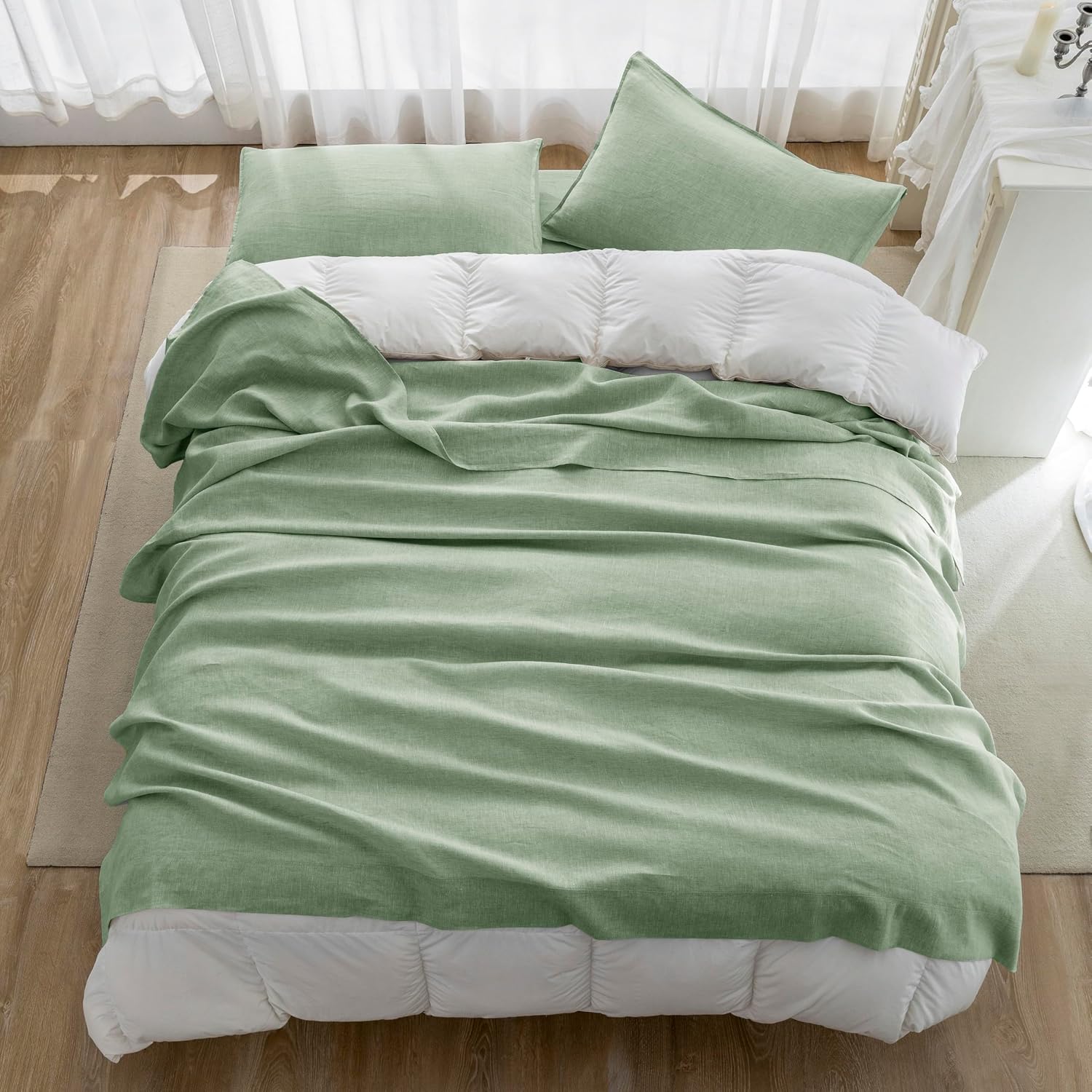 EVERLY 100% Linen Pillowcases Set of 2, Envelope Overlap Closure Natural Washed Flax Standard Queen Size 20x26 Inches - Saga Green