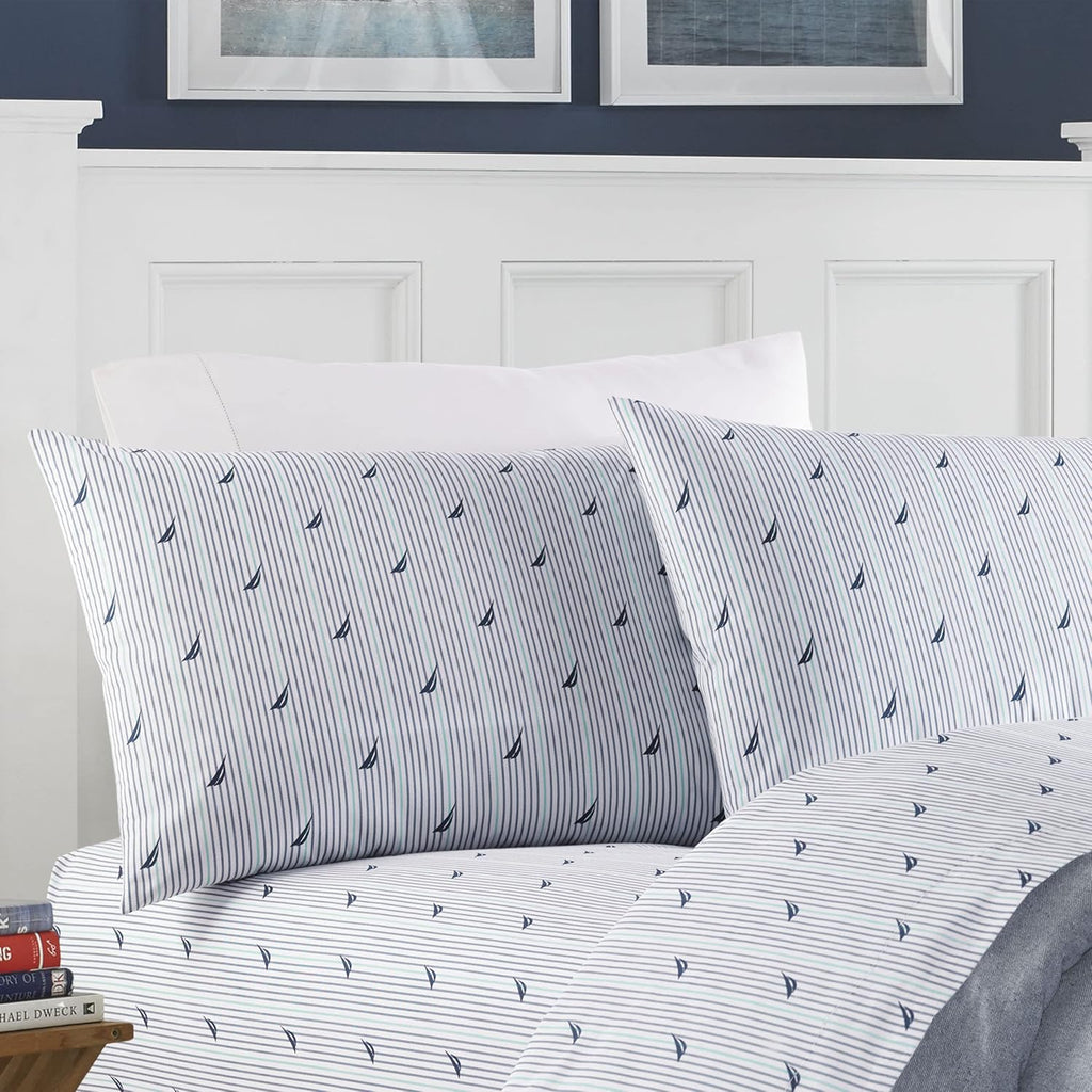Nautica Full Sheets, Cotton Percale Bedding Set, Casual Home Decor (Audley Stripe Blue, Full) Cotton Blue