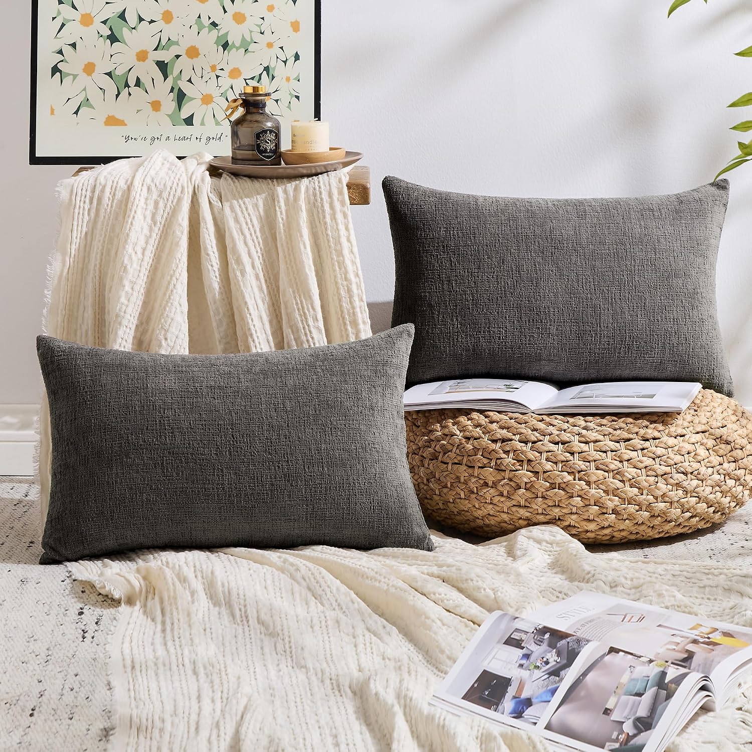 Gawamay Set of 2 Decorative Lumbar Soft Chenille Throw Pillow Covers 12x20 Inch (30x50 CM), Boho Farmhouse Cushion Cases, Couch Pillow Cove…