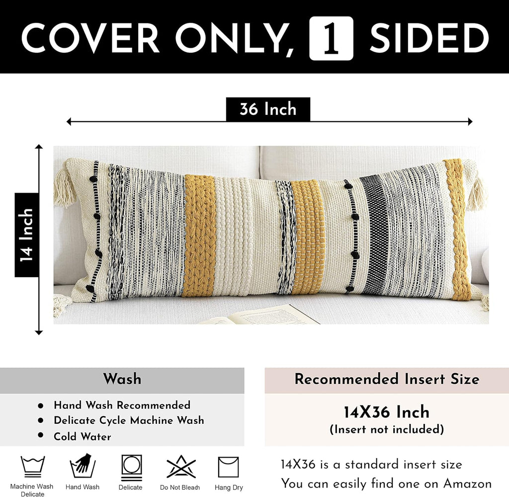 BlissBlush Decorative Lumbar Throw Pillow Cover 14x36 Boho Long Cushion for Bed Yellow Mustard Accent Farmhouse Pillowcase for Bedroom…