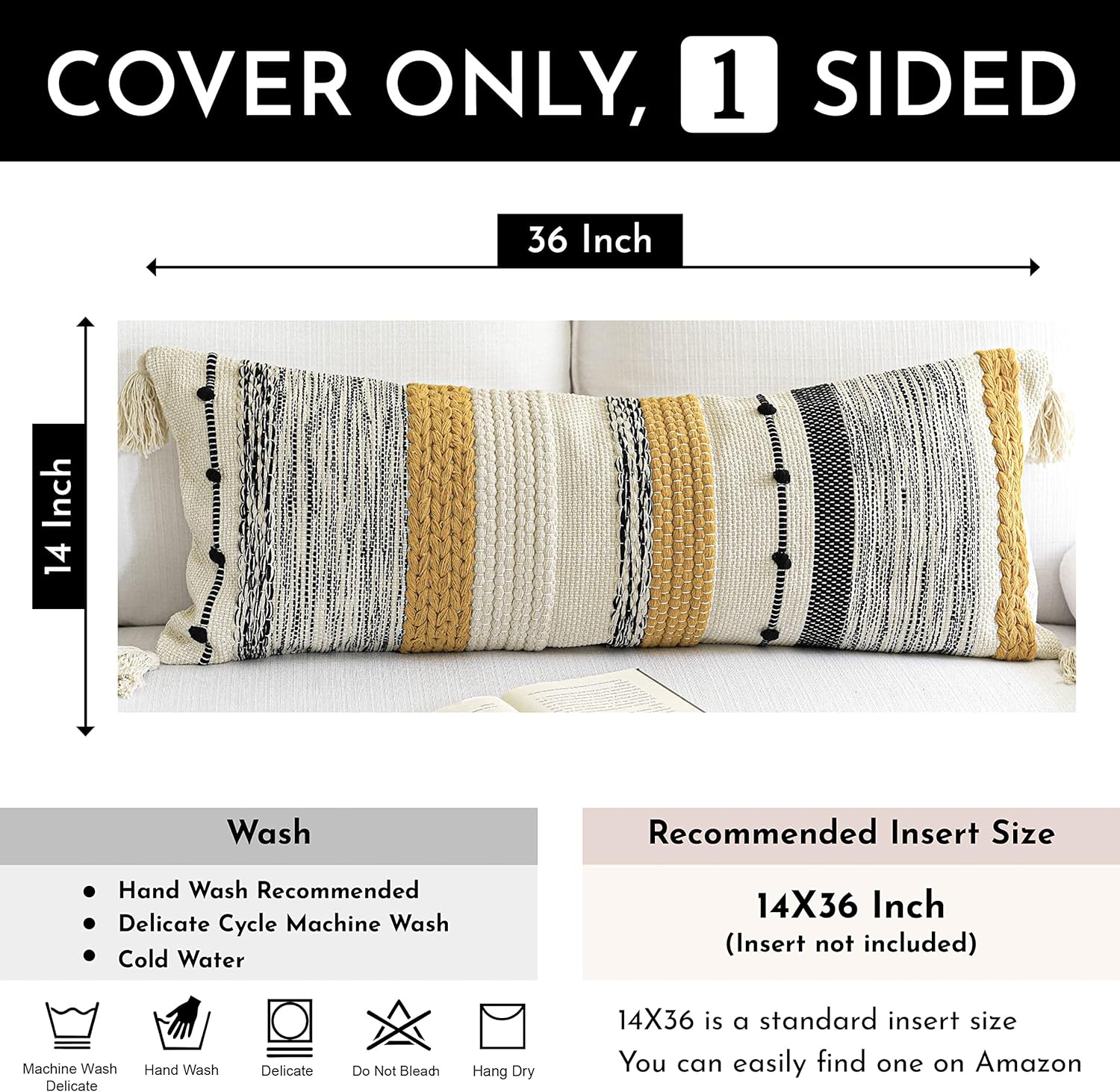 BlissBlush Decorative Lumbar Throw Pillow Cover 14x36 Boho Long Cushion for Bed Yellow Mustard Accent Farmhouse Pillowcase for Bedroom…