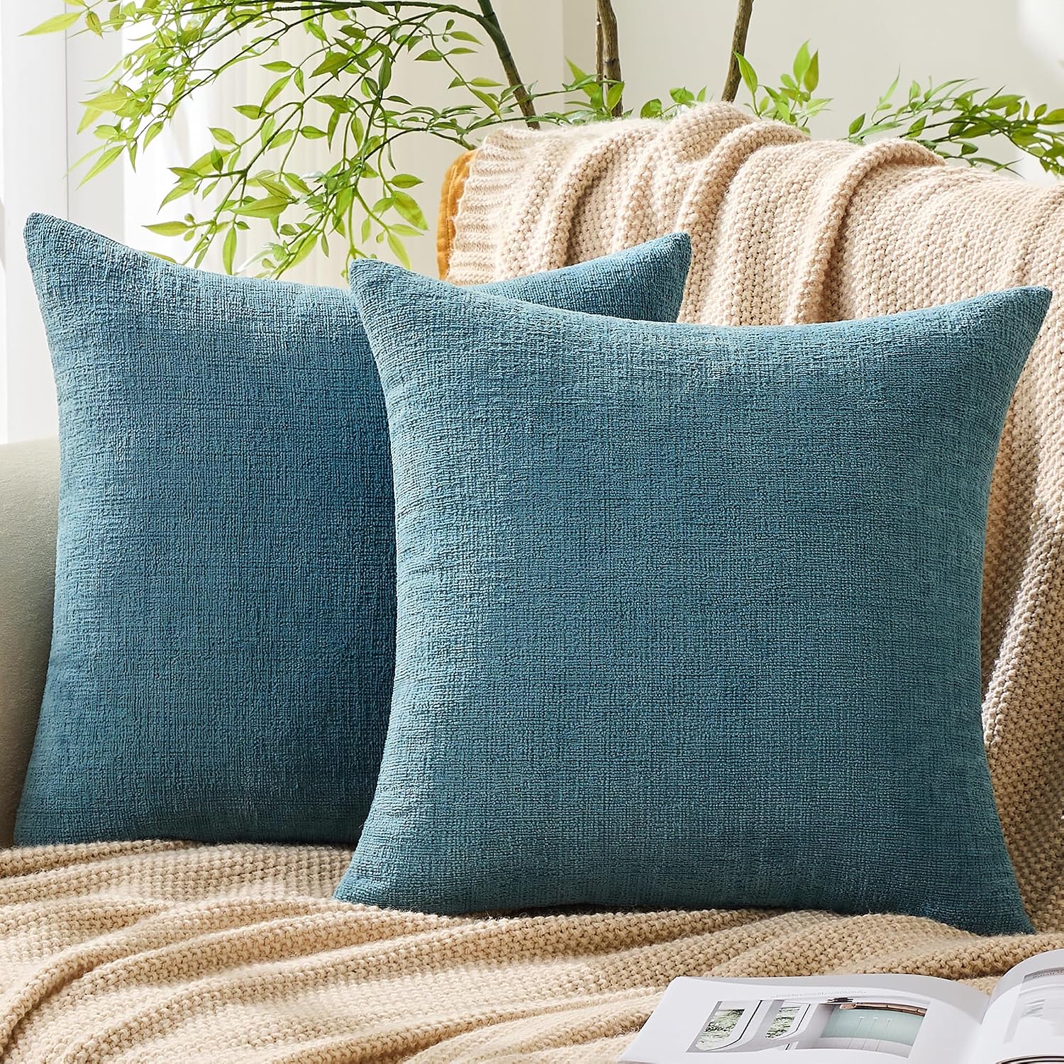Gawamay Set of 2 Soft Textured Chenille Throw Pillow Covers 20x20 Inch (50x50 CM), Decorative Pillowcases Cushion Covers for Farmhouse Home…