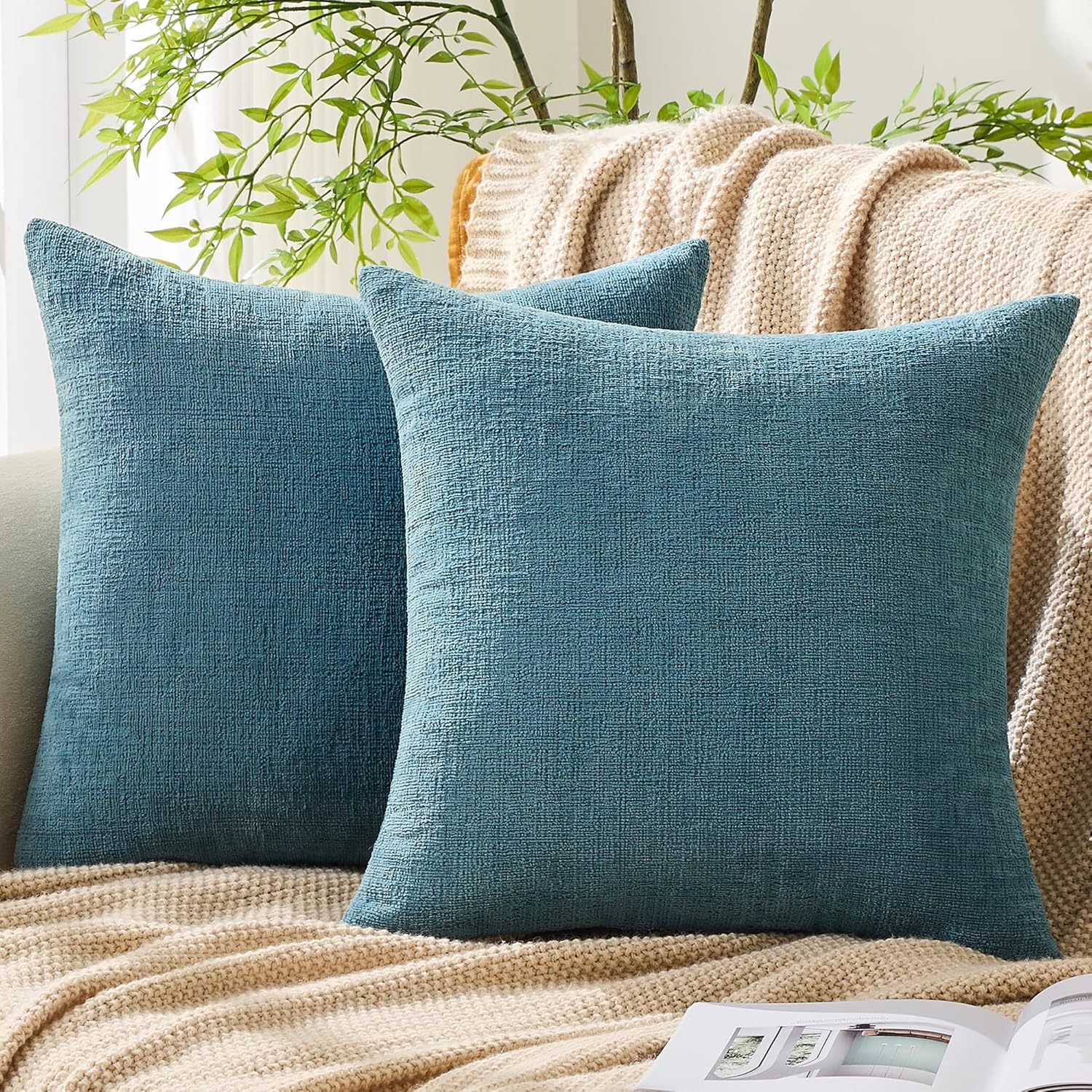 Gawamay Set of 2 Soft Textured Chenille Throw Pillow Covers 22x22 Inch (55x55 CM), Decorative Pillowcases Cushion Covers for Farmhouse Home…