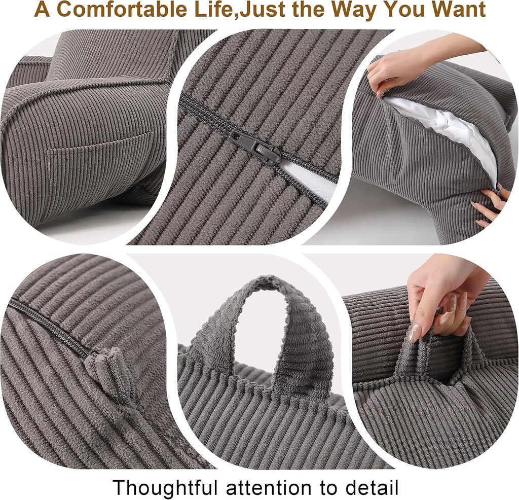 Ailuteie Reading Pillow for Sitting Up in Bed, Sofa & Floor – Corduroy Backrest Pillow with Arms, Side Pockets & Washable Cover, Bed Rest P…