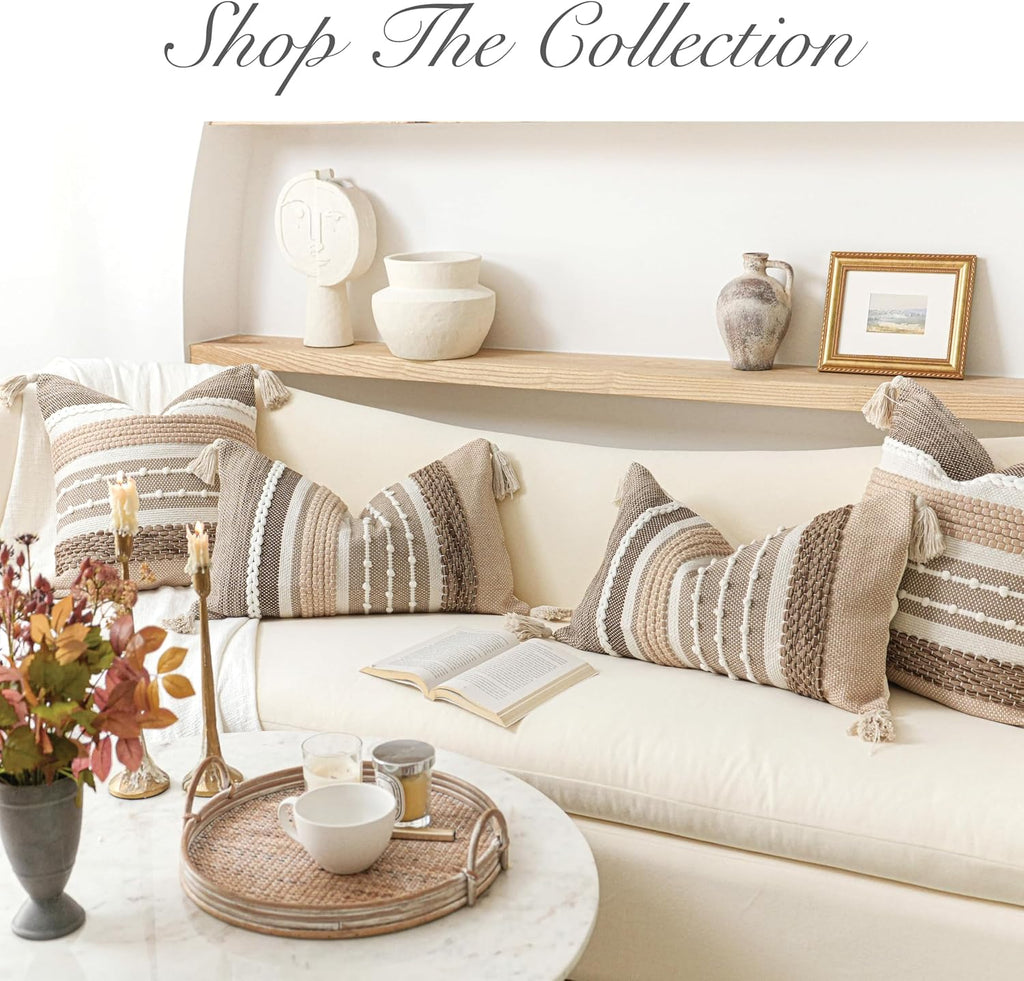 BlissBlush Brown Decorative Throw Pillow Cover 20x20 Square Boho Accent Pillowcase Tassels Farmhouse Cushion for Couch Sofa Bedroom…