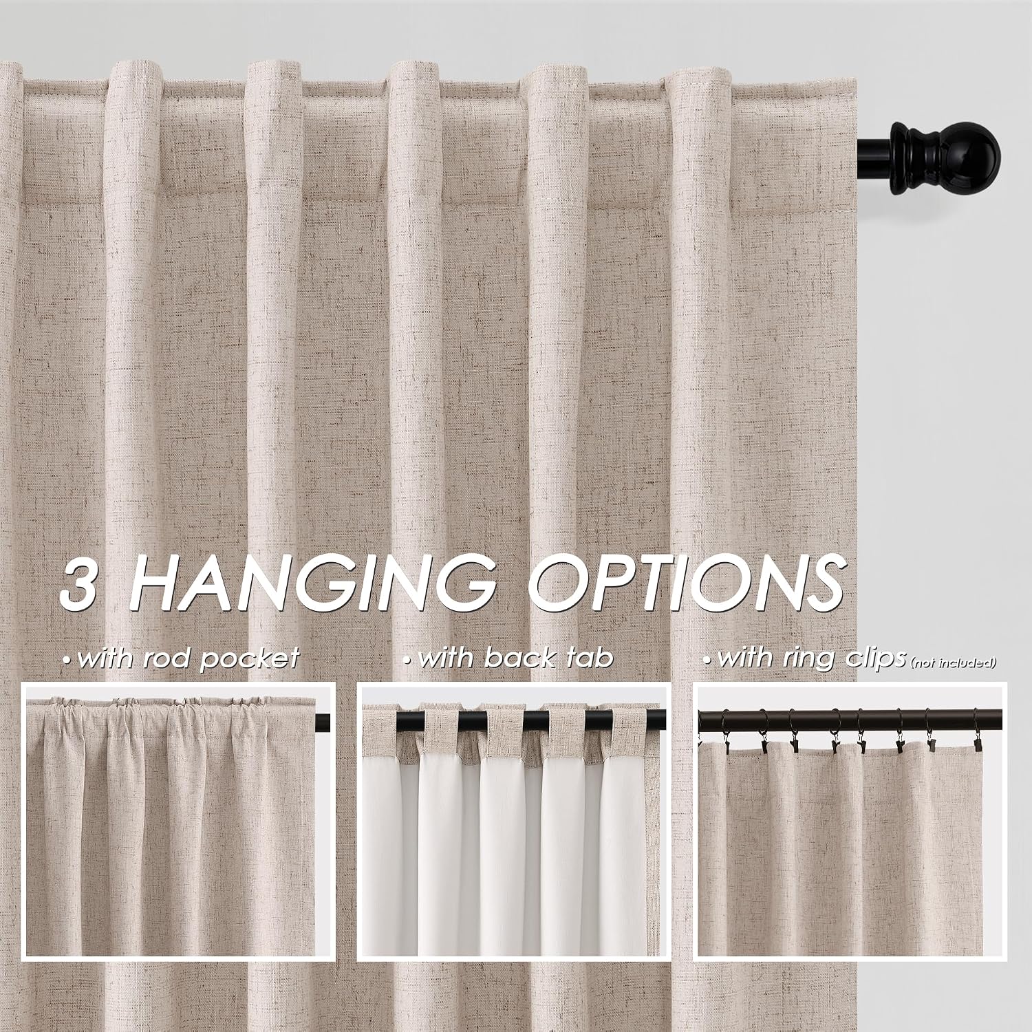 Nanspring Oatmeal 100% Blackout Linen Curtains 96 Inches Long for Bedroom Back Tab Thermal Insulated Neutral Modern Farmhouse Decor Black O…