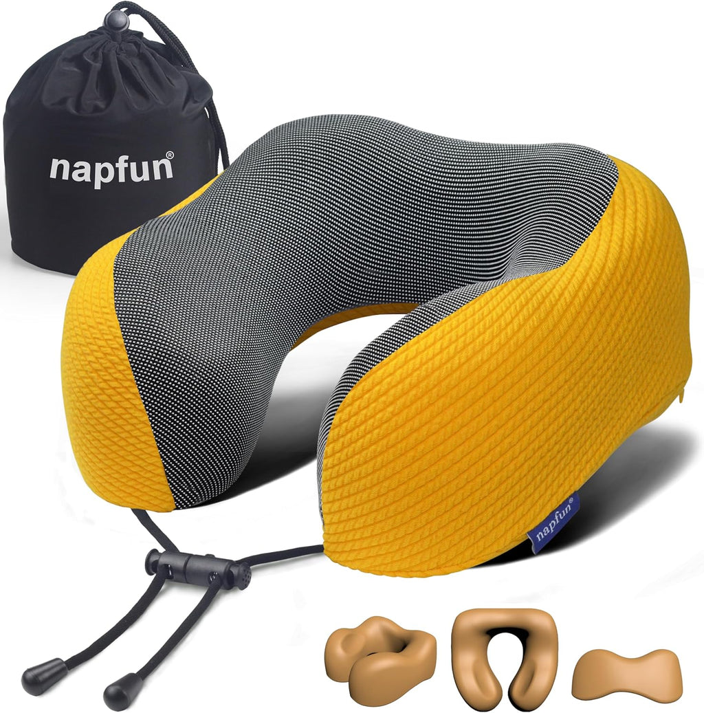 napfun Neck Pillow for Traveling, Upgraded Travel Neck Pillow for Airplane 100% Pure Memory Foam Travel Pillow for Flight Headrest Sleep…