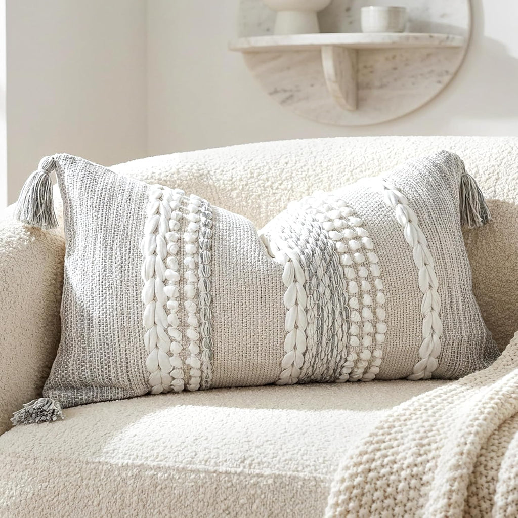 BlissBlush Gray Decorative Lumbar Pillow Cover 14x24, Boho Accent Throw Pillow Case for Couch Sofa Bed, Modern Farmhouse Textured Lumbar…