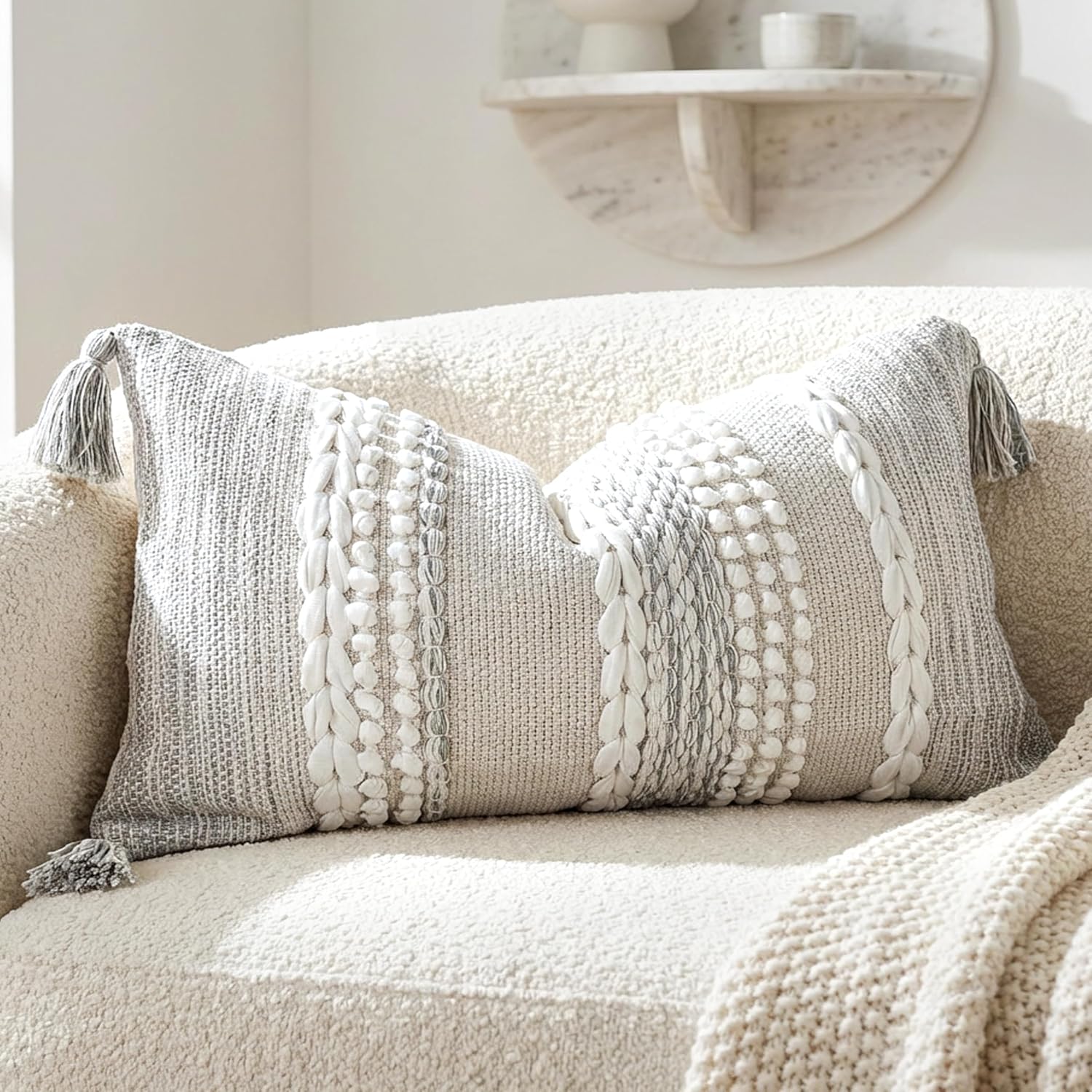 BlissBlush Gray Decorative Lumbar Pillow Cover 14x24, Boho Accent Throw Pillow Case for Couch Sofa Bed, Modern Farmhouse Textured Lumbar…