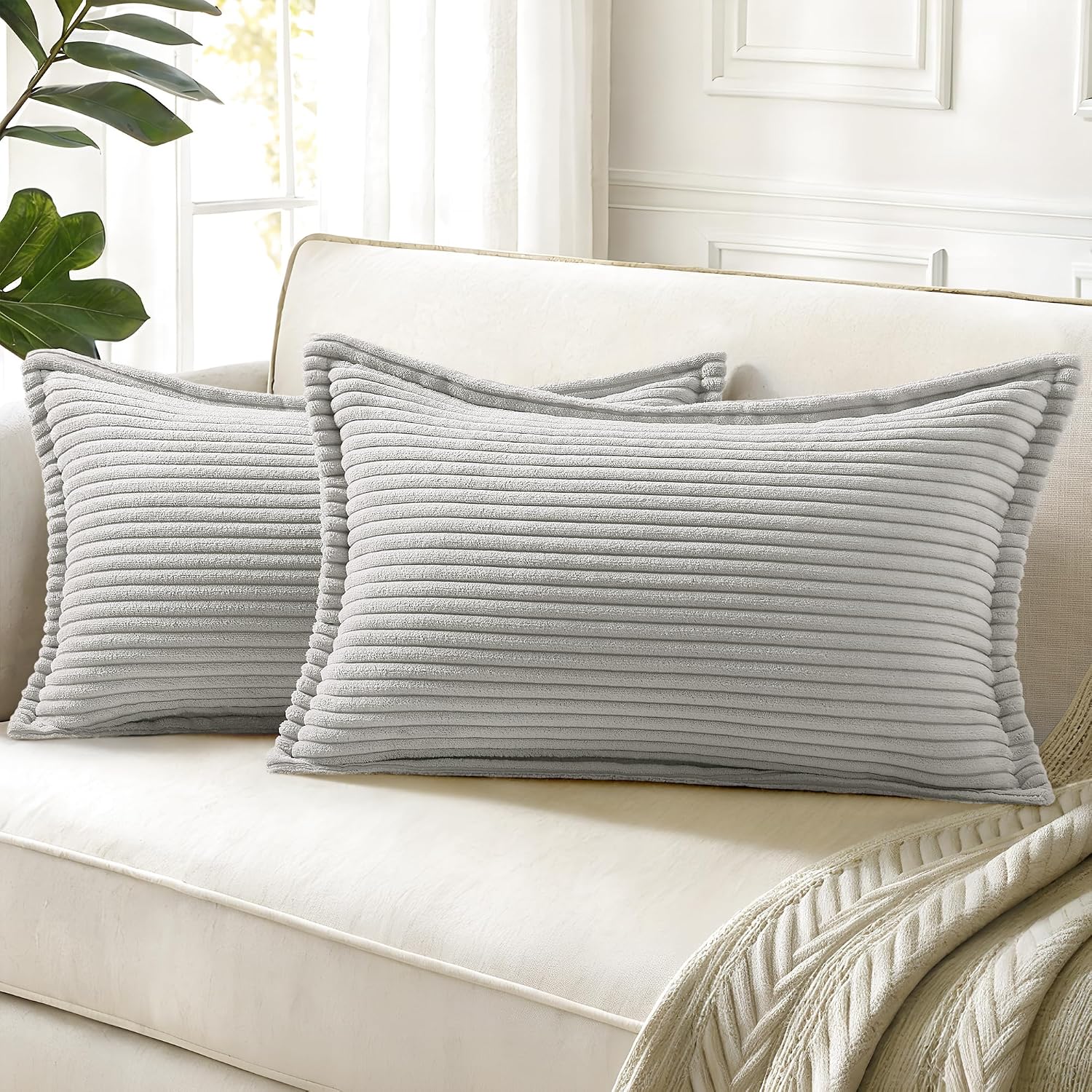 decorUhome Summer Corduroy Grey Throw Pillow Covers 12x20 Set of 2 Decorative Soft Boho Farmhouse Lumbar Couch Pillow Covers for Living Roo…