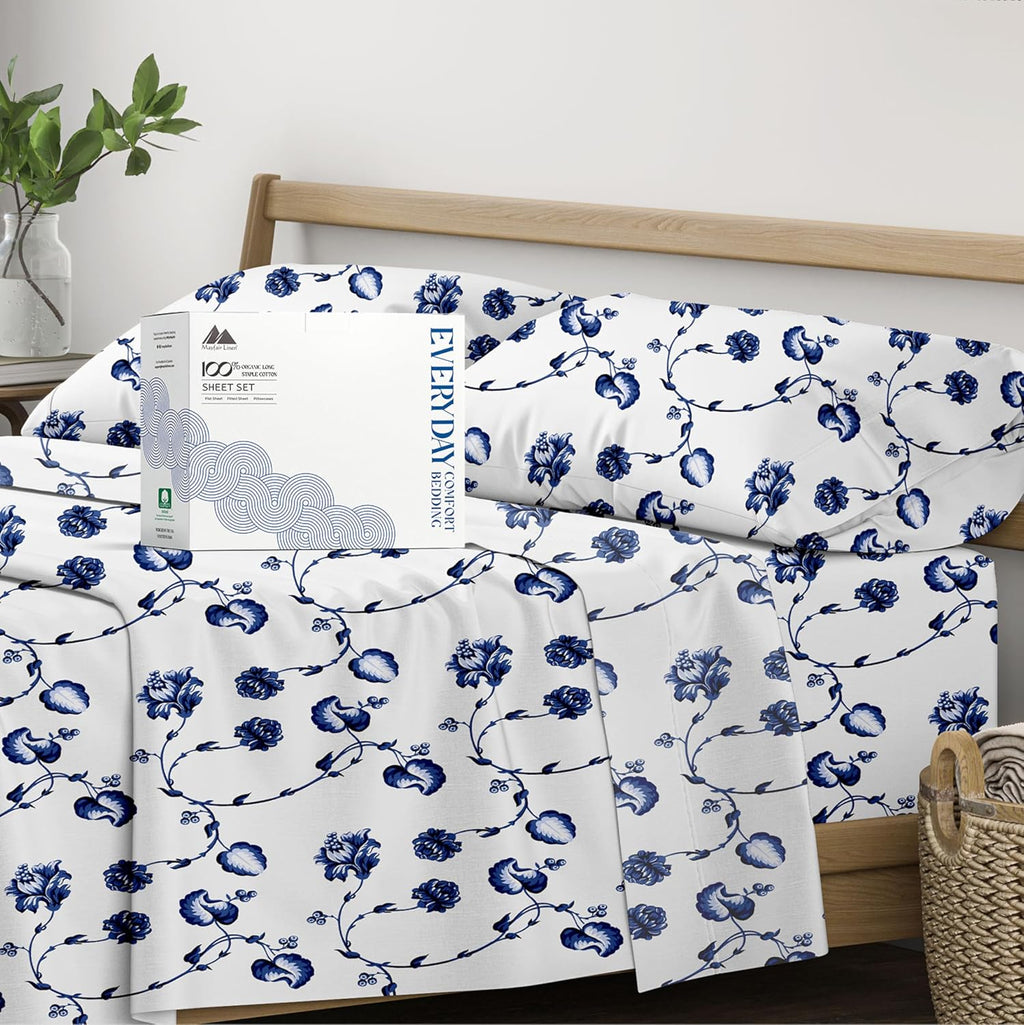Mayfair Linen 100% Organic Cotton Printed Sheets Queen Size - Percale Weave Cotton Queen Size Sheet Set (4 PC, Floral Blue), Soft &…