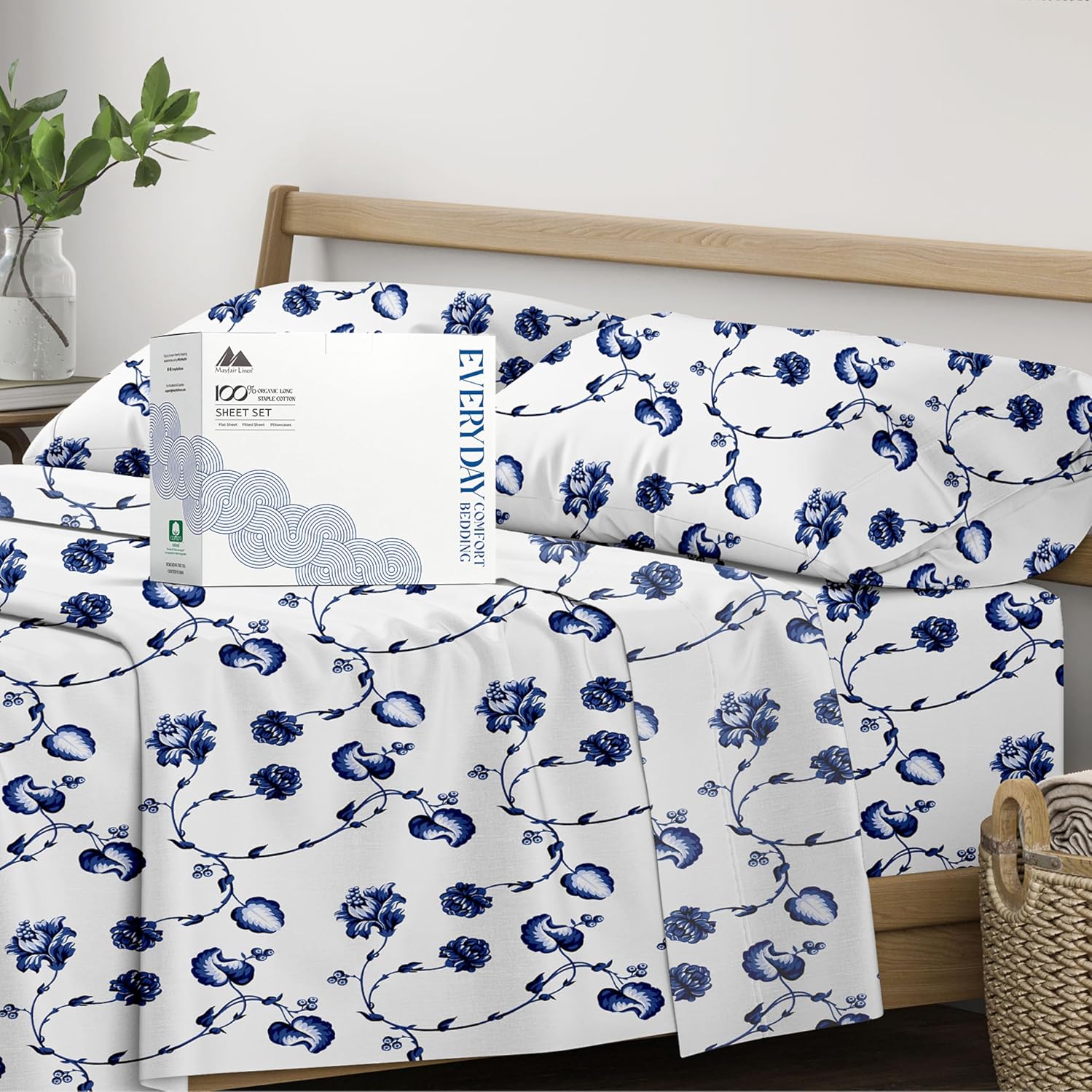Mayfair Linen 100% Organic Cotton Printed Sheets Queen Size - Percale Weave Cotton Queen Size Sheet Set (4 PC, Floral Blue), Soft &…