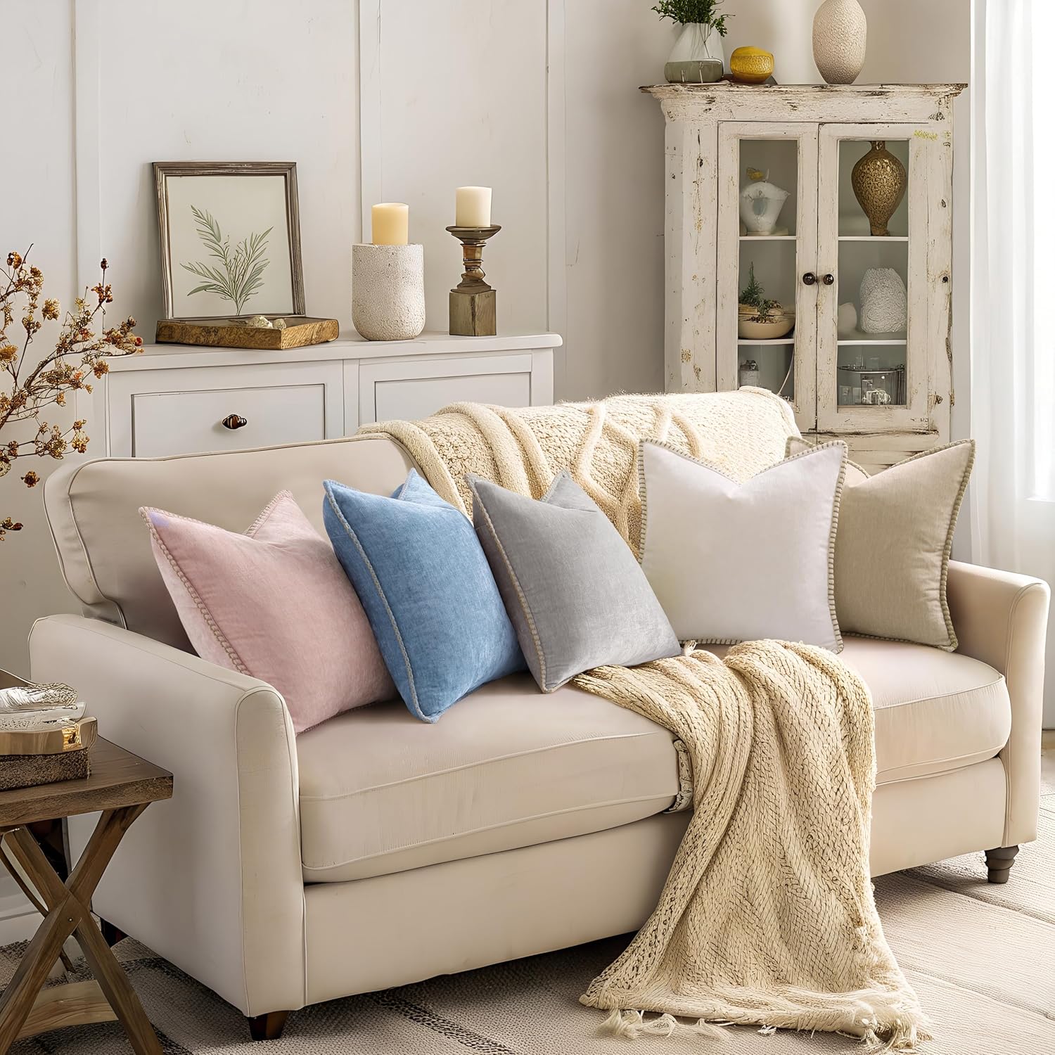 decorUhome Summer Chenille Soft Cozy Throw Pillow Covers 20x20 Set of 2, Modern Farmhouse Boho Velvet Decorative Pillow Cases with Stitched…