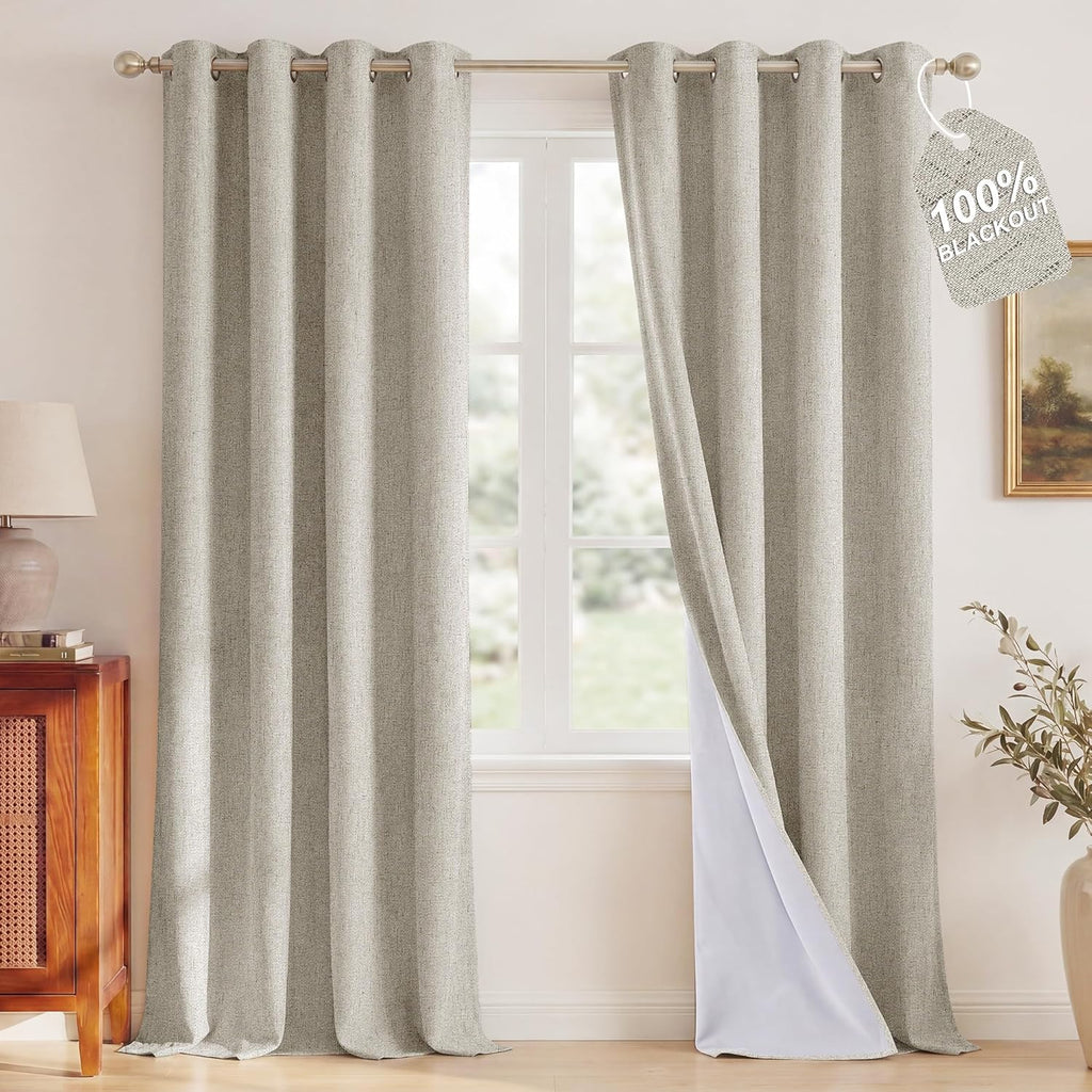 Nicetown 100% Blackout Linen Beige Curtains 84 inches Long for Living Room, White Liner Composite Grommet Bedroom Thermal Drapes Casual Hom…