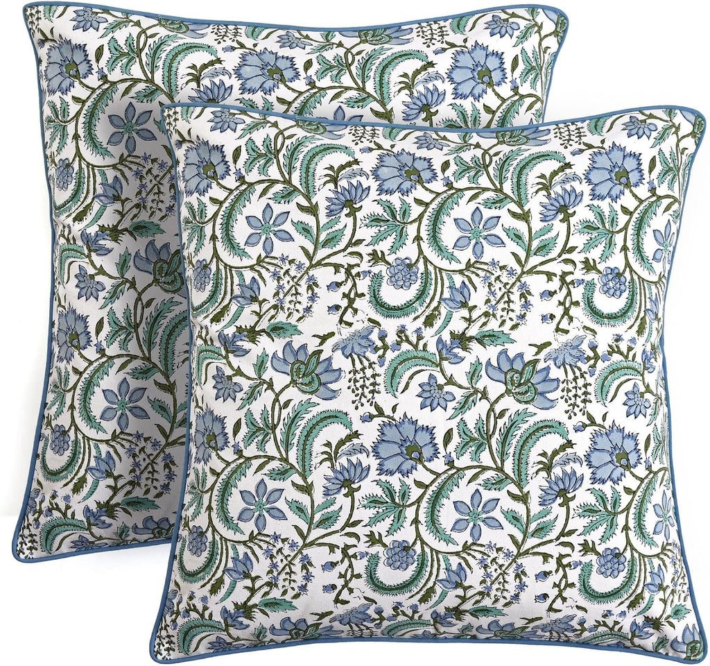 Ridhi Block Print Columbia Blue Pillow Cover 18" x 18" (Pack of 2) Decorative Couch Pillows for Living Room, Chic Boho Cute Outdoor Pillows…