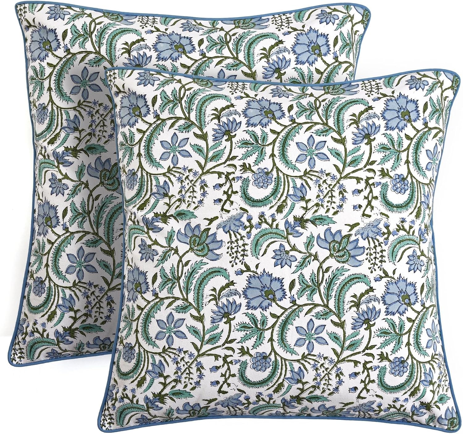 Ridhi Block Print Columbia Blue Pillow Cover 18" x 18" (Pack of 2) Decorative Couch Pillows for Living Room, Chic Boho Cute Outdoor Pillows…
