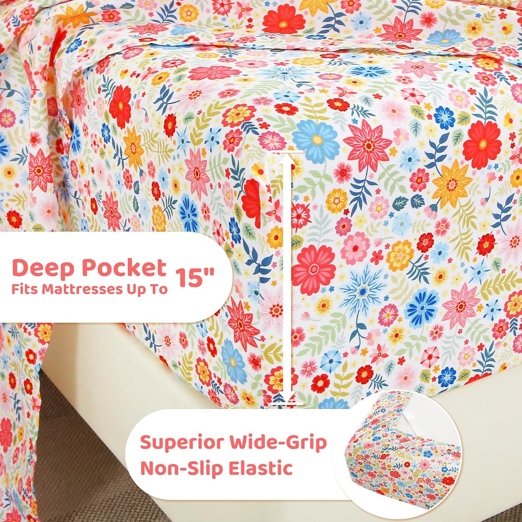 mooreeke Cozy Floral Microfiber Printed Floral Twin Sheet Set - Soft & Breathable Colorful Flower Custers Bed Sheets with Extra Deep Pocket…