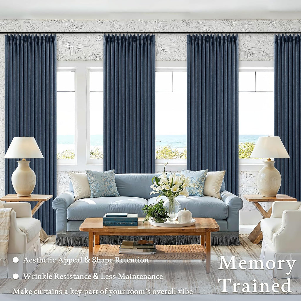 90 Inch Pinch Pleated Blackout Linen Curtains for Bedroom 2 Panels Memory Trained 100% Black Out Soundproof Room Darkening Navy Window…