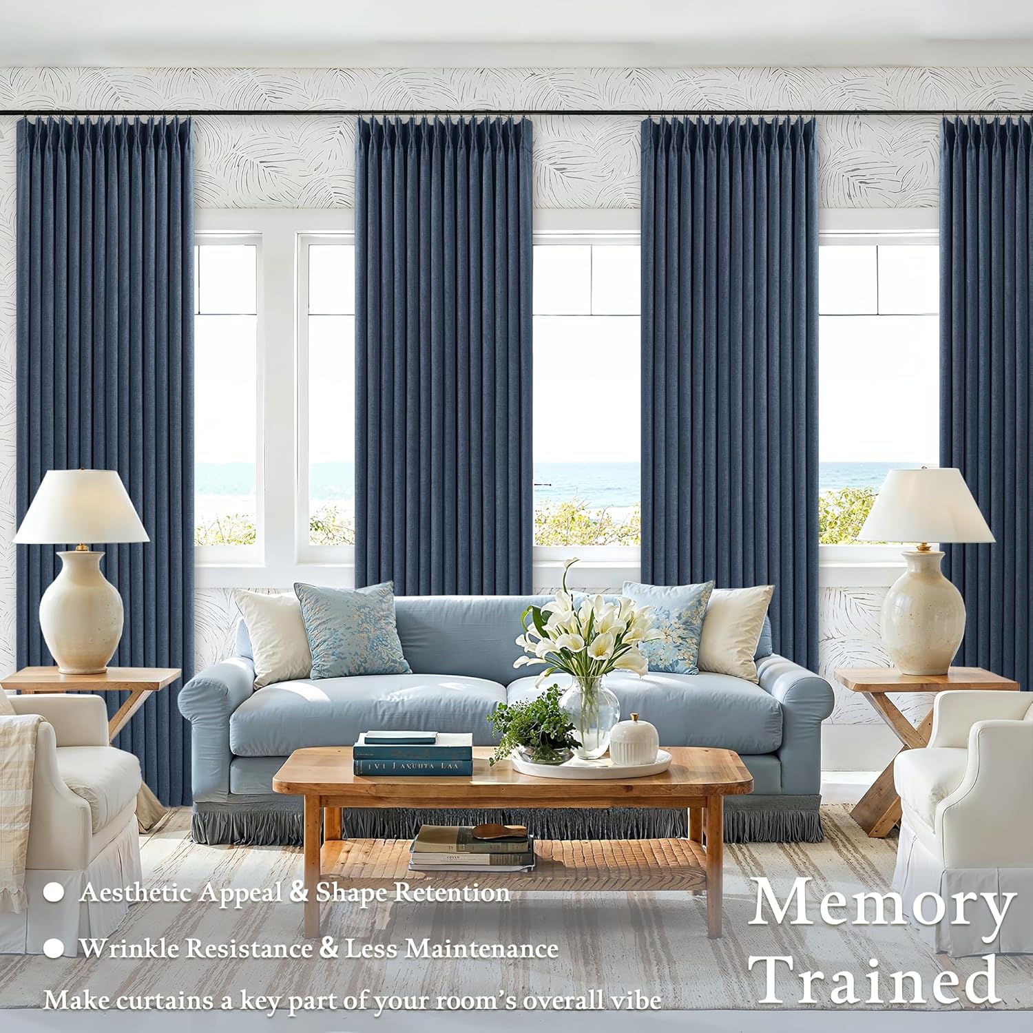 86 Inch Pinch Pleated Blackout Linen Curtains for Bedroom 2 Panels Memory Trained 100% Black Out Soundproof Room Darkening Navy Window…