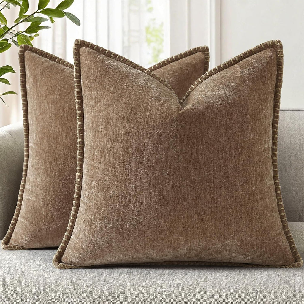 decorUhome Chenille Soft Cozy Throw Pillow Covers 16x16 Set of 2, Modern Farmhouse Boho Velvet Decorative Pillow Cases with Stitched Edge f…