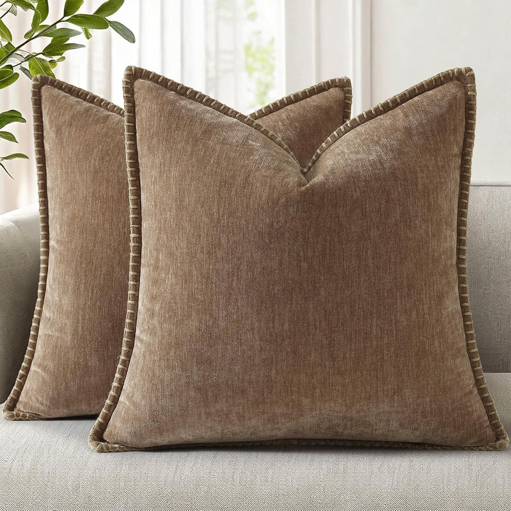 decorUhome Chenille Soft Cozy Throw Pillow Covers 26x26 Set of 2, Modern Farmhouse Boho Velvet Decorative Euro Sham Pillow Cases with Stitc…