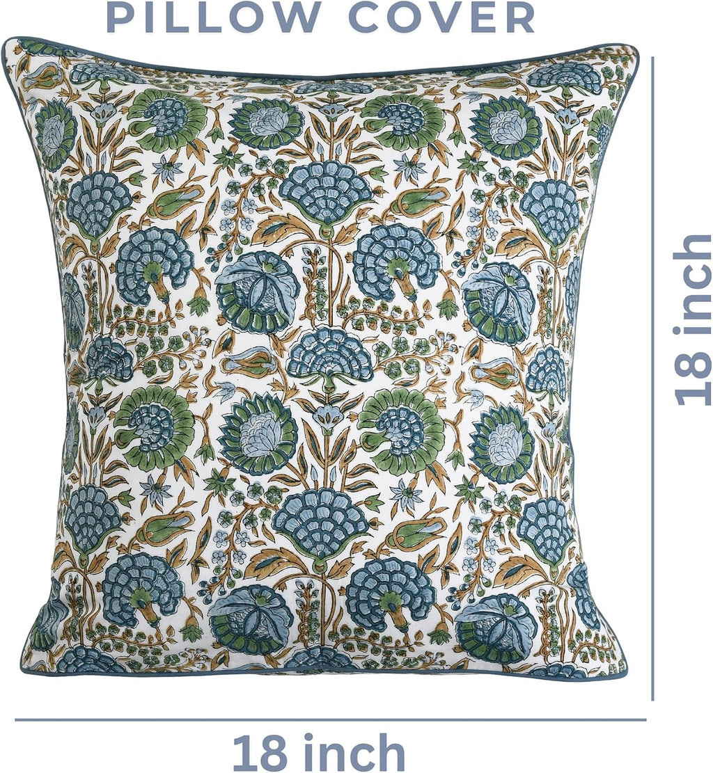 Ridhi Block Print Asparagus Green Pillow Cover 18" x 18" (Pack of 2) Decorative Couch Pillows for Living Room, Farmhouse Chic Boho Cute Out…