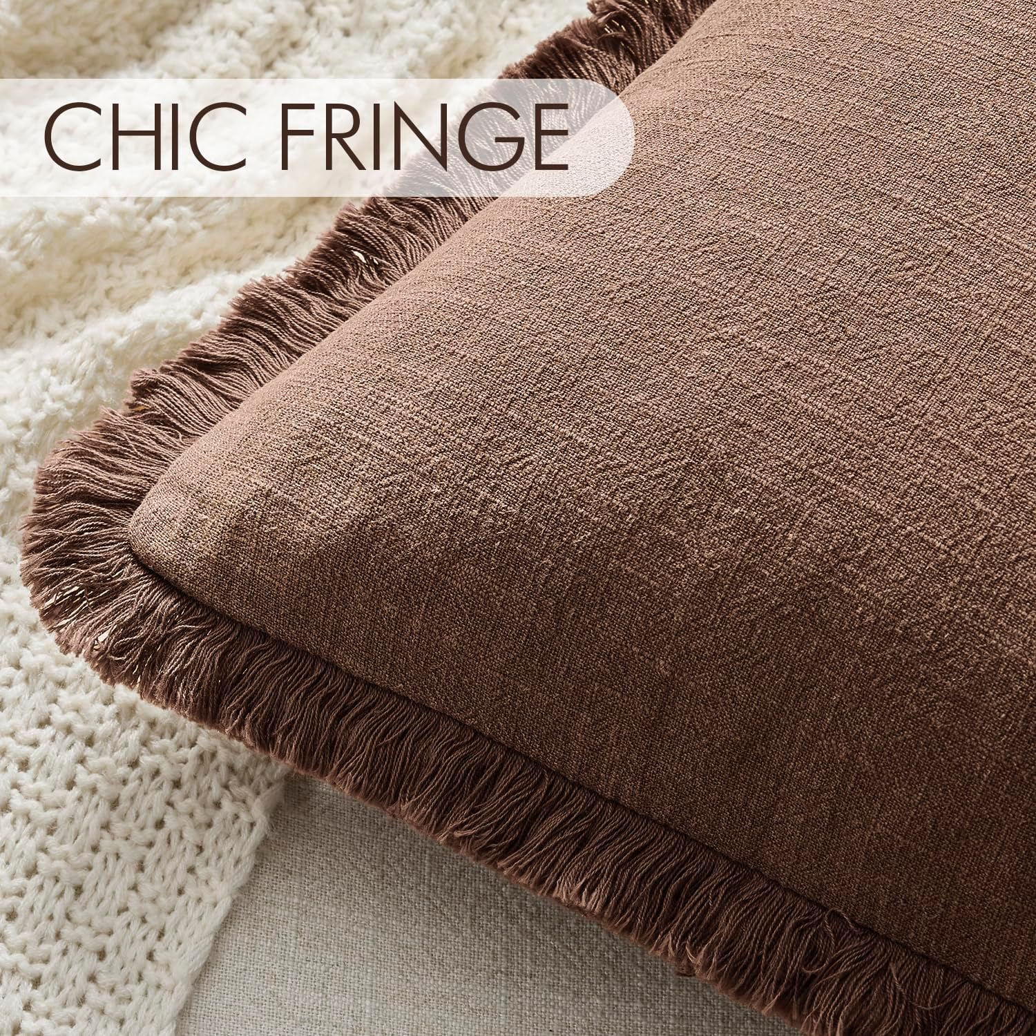 Anroduo Set of 2 Decorative Throw Pillow Covers 22×22 Inch Soft Linen Fringe Farmhouse Boho Vintage Cushion Cover with Tassels Accent Pillo…