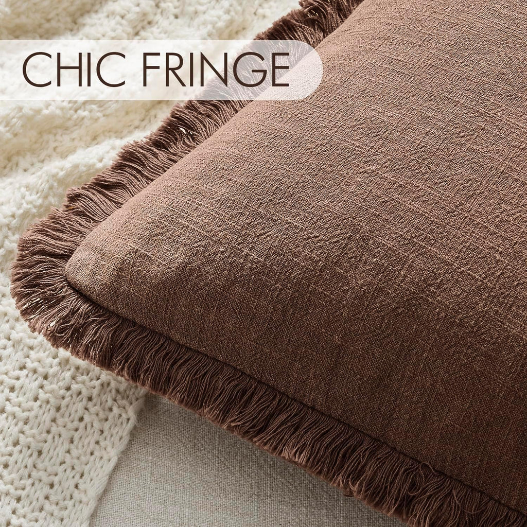 Anroduo Set of 2 Decorative Throw Pillow Covers 24×24 Inch Soft Linen Fringe Farmhouse Boho Vintage Cushion Cover with Tassels Accent Pillo…