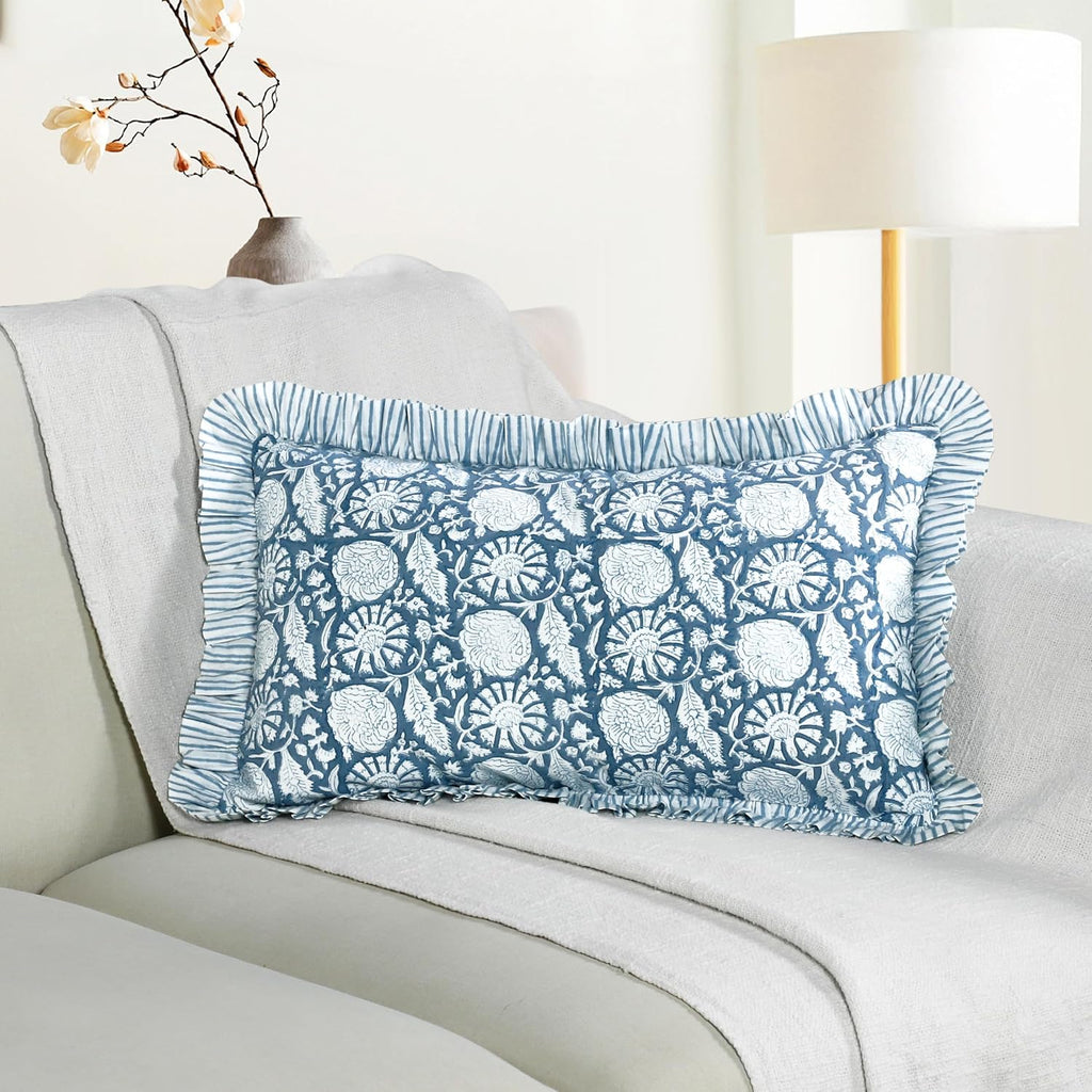 Cottonprintclub CPC Hand Block Print Blue Meadow Ruffle Sham Pillow Cover 20" x 12" inch Hidden Zipper Decorative Pillowcase for Couch, Bed…