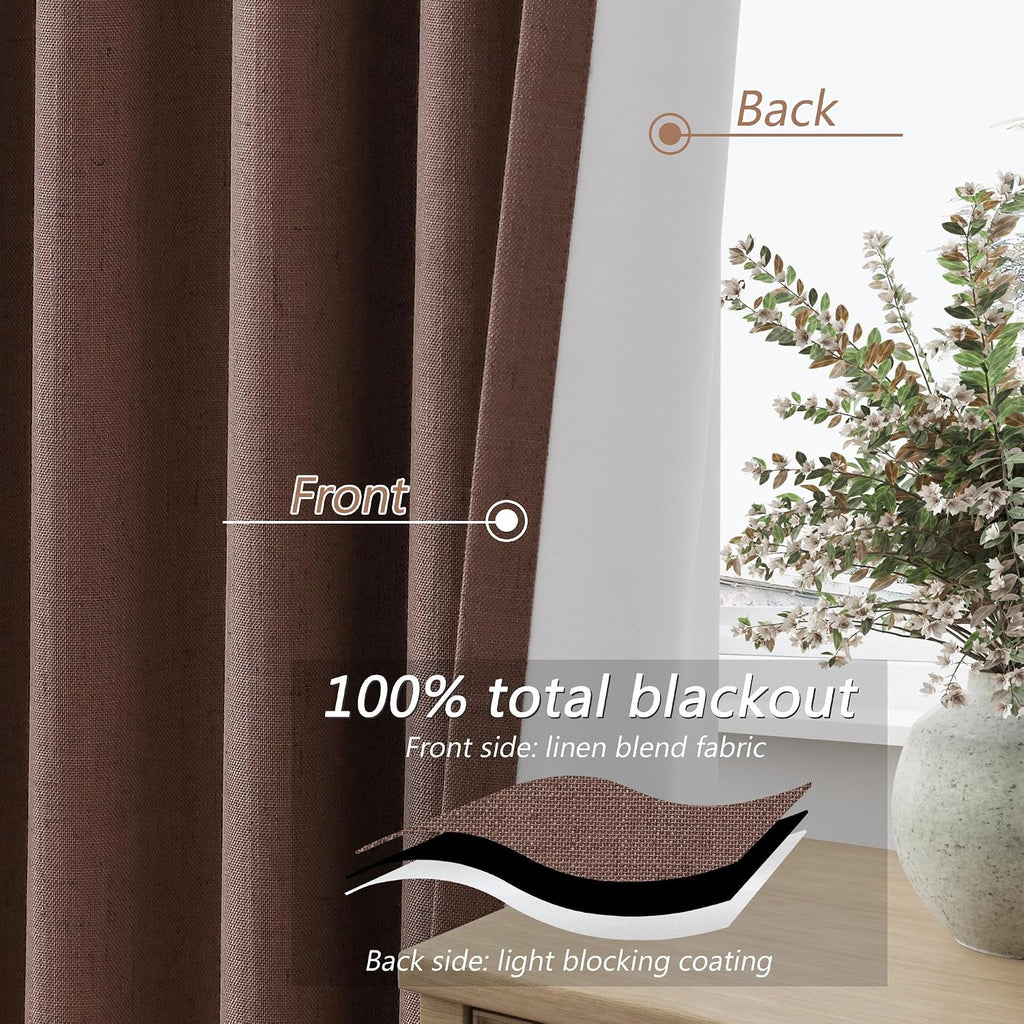 Guken Cappuccino 100% Blackout Linen Curtains 84 Inch Length 2 Panels Set for Living Room Bedroom Back Tab/Rod Pocket Thermal Insulated Far…