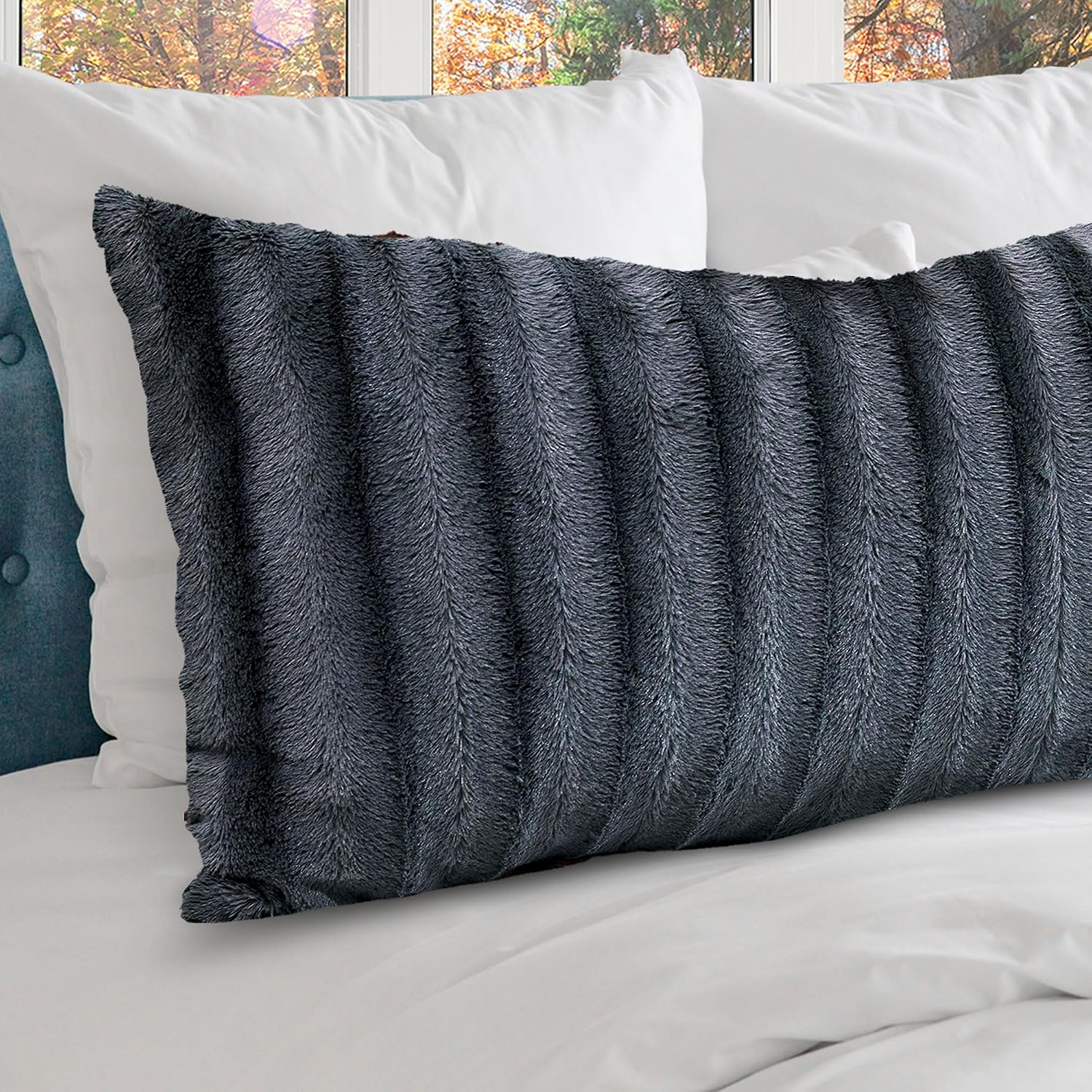 Cheer Collection Faux Fur Long Body Pillow - Accent Throw Pillow for Bed and Couch - Decorative Lumbar Pillow with Insert, Gray (18" x 40")