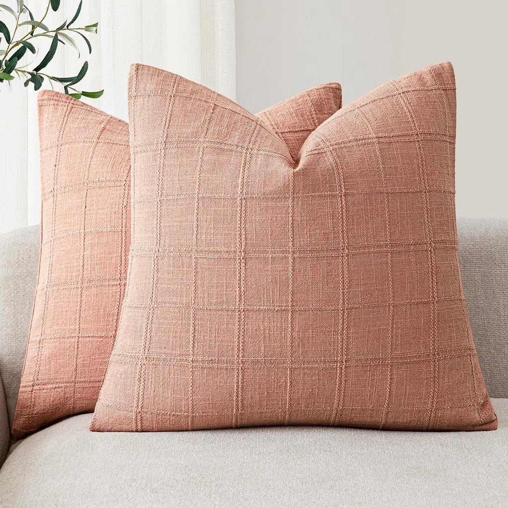 Foindtower Set of 2 Decorative Linen Check Throw Pillow Covers Neutral Farmhouse Vintage Cushion Covers Modern Boho Accent Home Decor for…