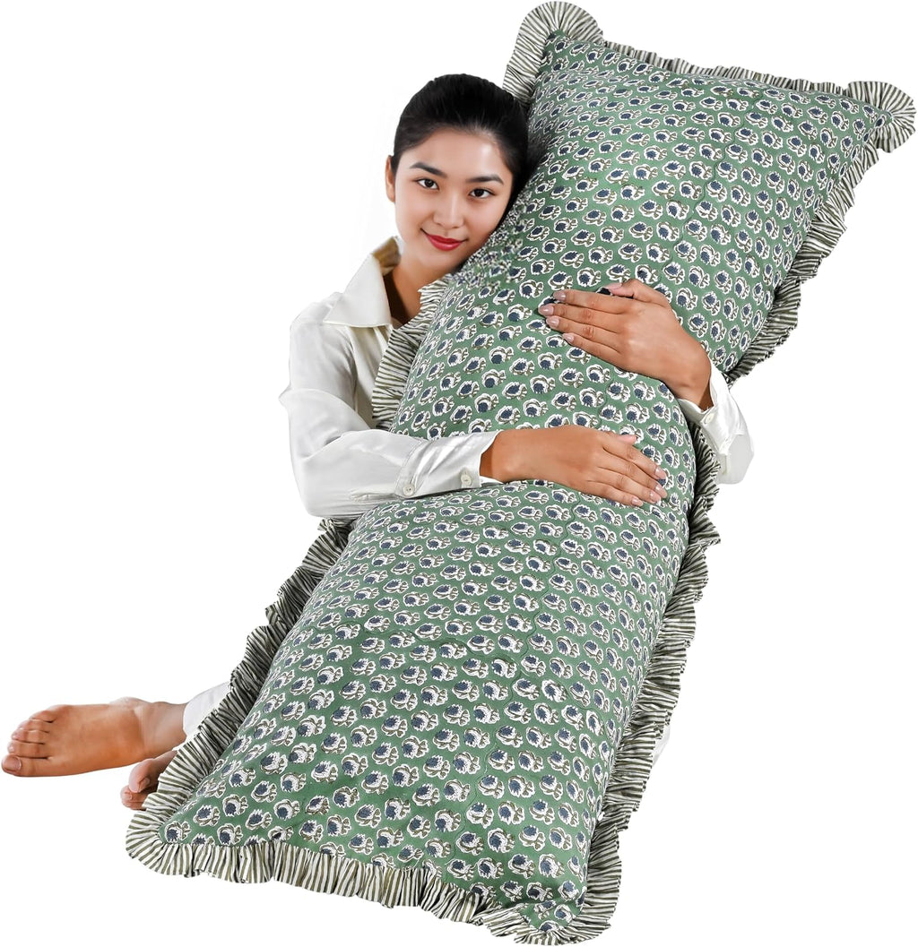 Ridhi Block Print Basil Green 54"x20" Set 1-100% Cotton Ruffle Lumbar Sham Cover Boho Floral Pillowcase, Farmhouse Cottagecore Bedding…