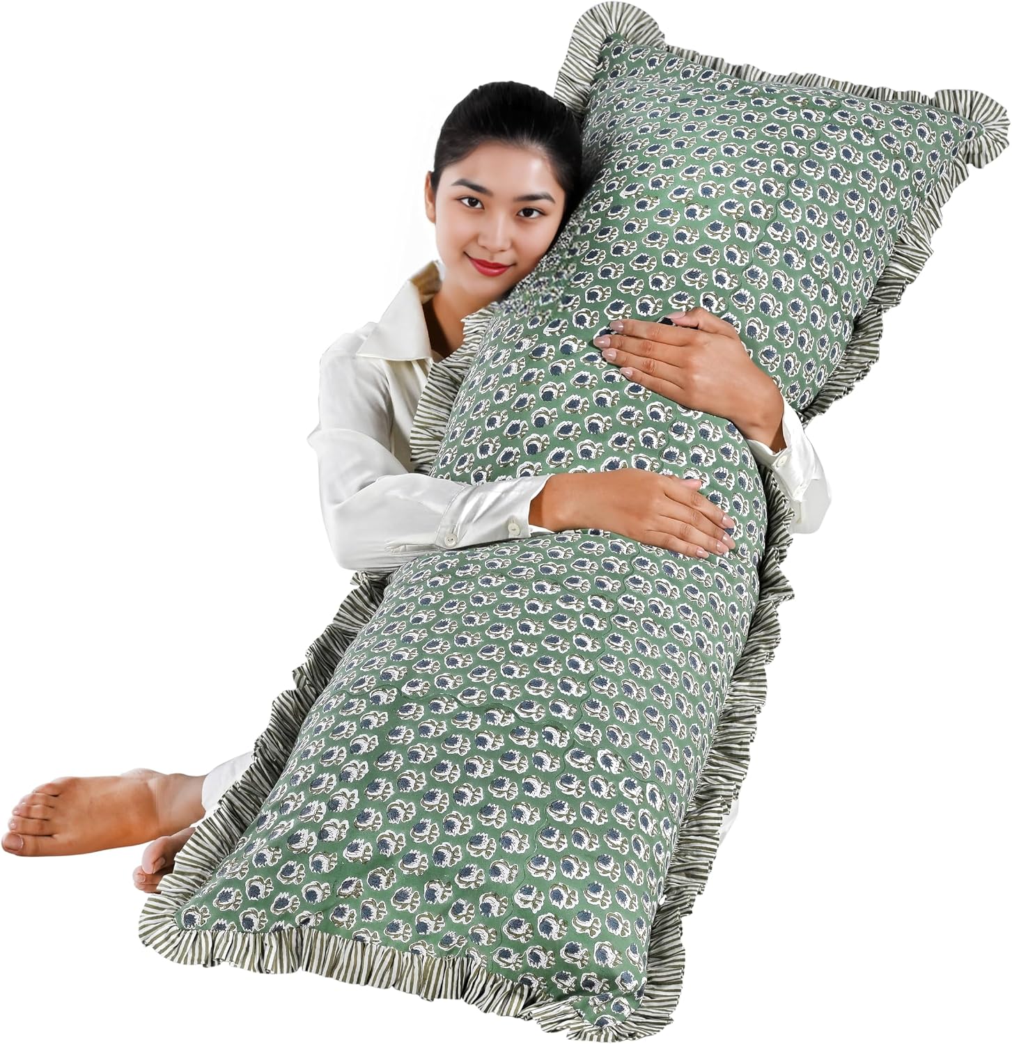 Ridhi Block Print Basil Green 54"x20" Set 1-100% Cotton Ruffle Lumbar Sham Cover Boho Floral Pillowcase, Farmhouse Cottagecore Bedding…