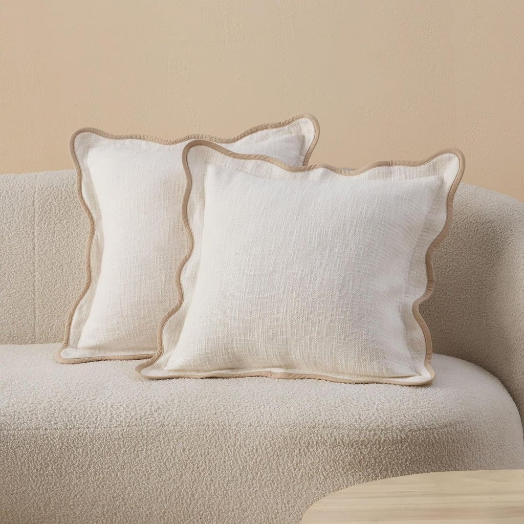Double Stitch Scalloped Throw Pillow Covers - 100% Cotton Set of 2 Decorative Boho Pillow Covers 20 x 20, Made in India, Square Cushion…