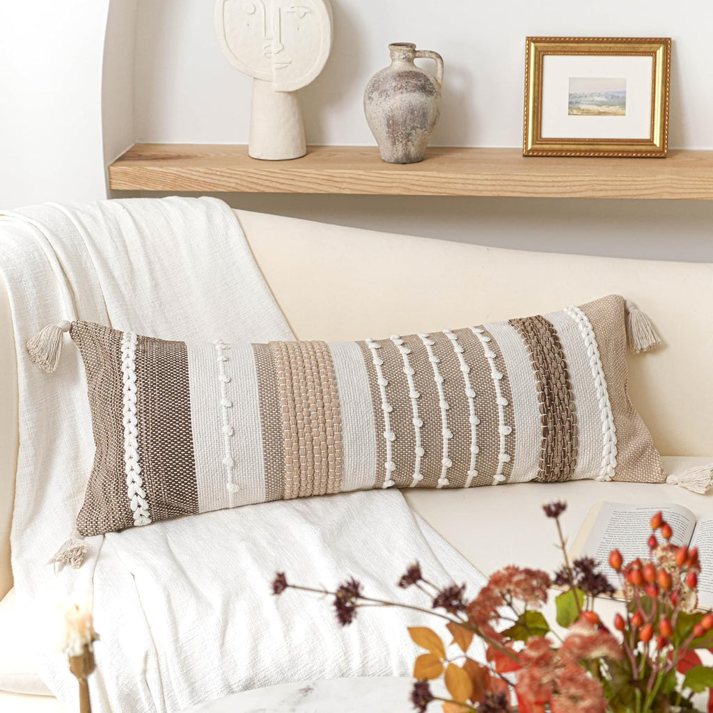 BlissBlush Brown Decorative Lumbar Pillow Cover 14x36 Boho Long Body Pillow for Bed Farmhouse Lumbar Throw Pillow for Couch Modern Accent…