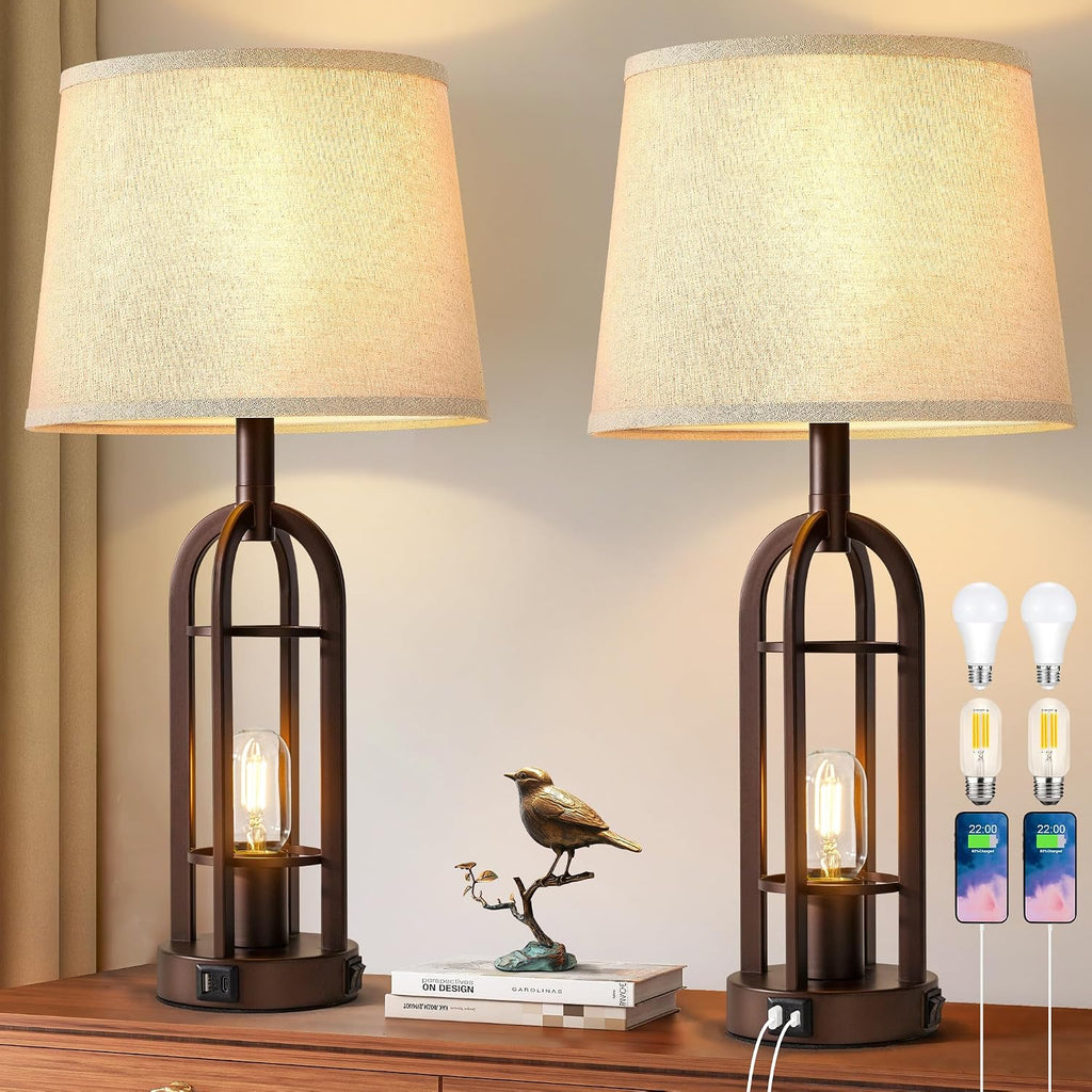 SRJJA Table Lamps for Living Room End Table Set of 2 - Farmhouse Industrial Bedside Lamps for Bedroom Nightstand with Nightlight and USB…