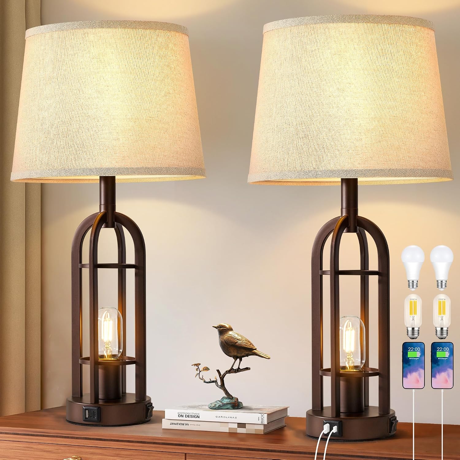 SRJJA Table Lamps for Living Room End Table Set of 2 - Farmhouse Industrial Bedside Lamps for Bedroom Nightstand with Nightlight and USB…