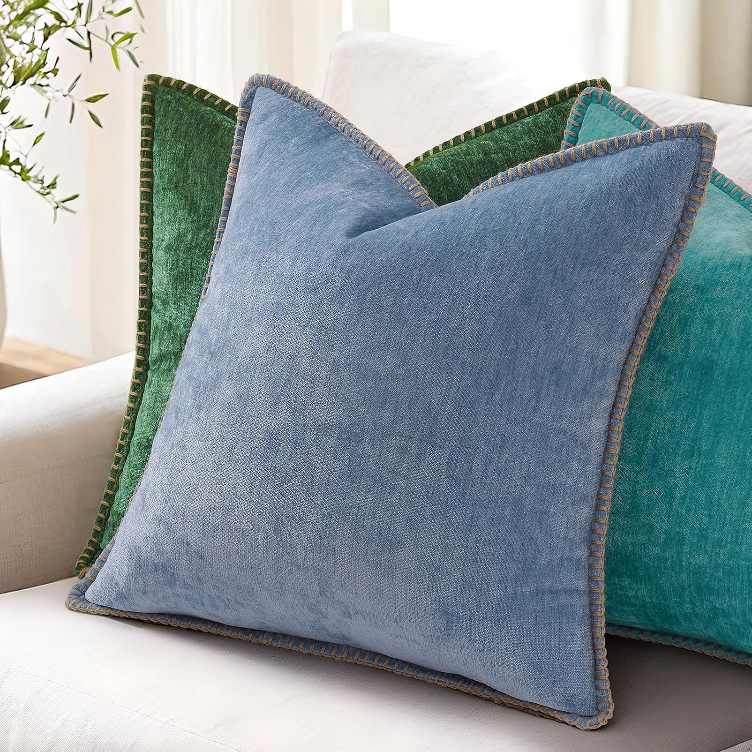 decorUhome Summer Chenille Soft Cozy Throw Pillow Covers 20x20 Set of 2, Modern Farmhouse Boho Velvet Decorative Pillow Cases with Stitched…