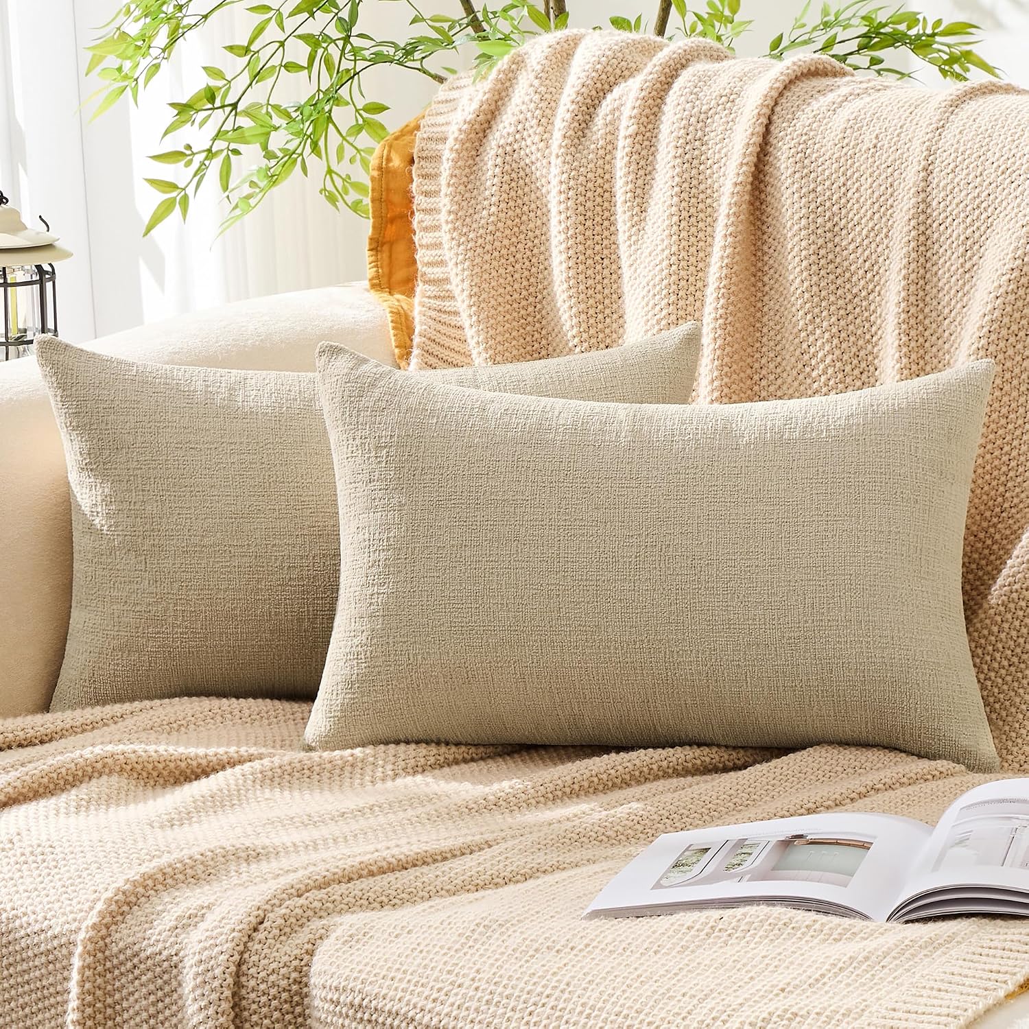 Gawamay Set of 2 Decorative Lumbar Soft Chenille Throw Pillow Covers 12x20 Inch, Boho Farmhouse Cushion Cases, Couch Pillow Covers for Livi…