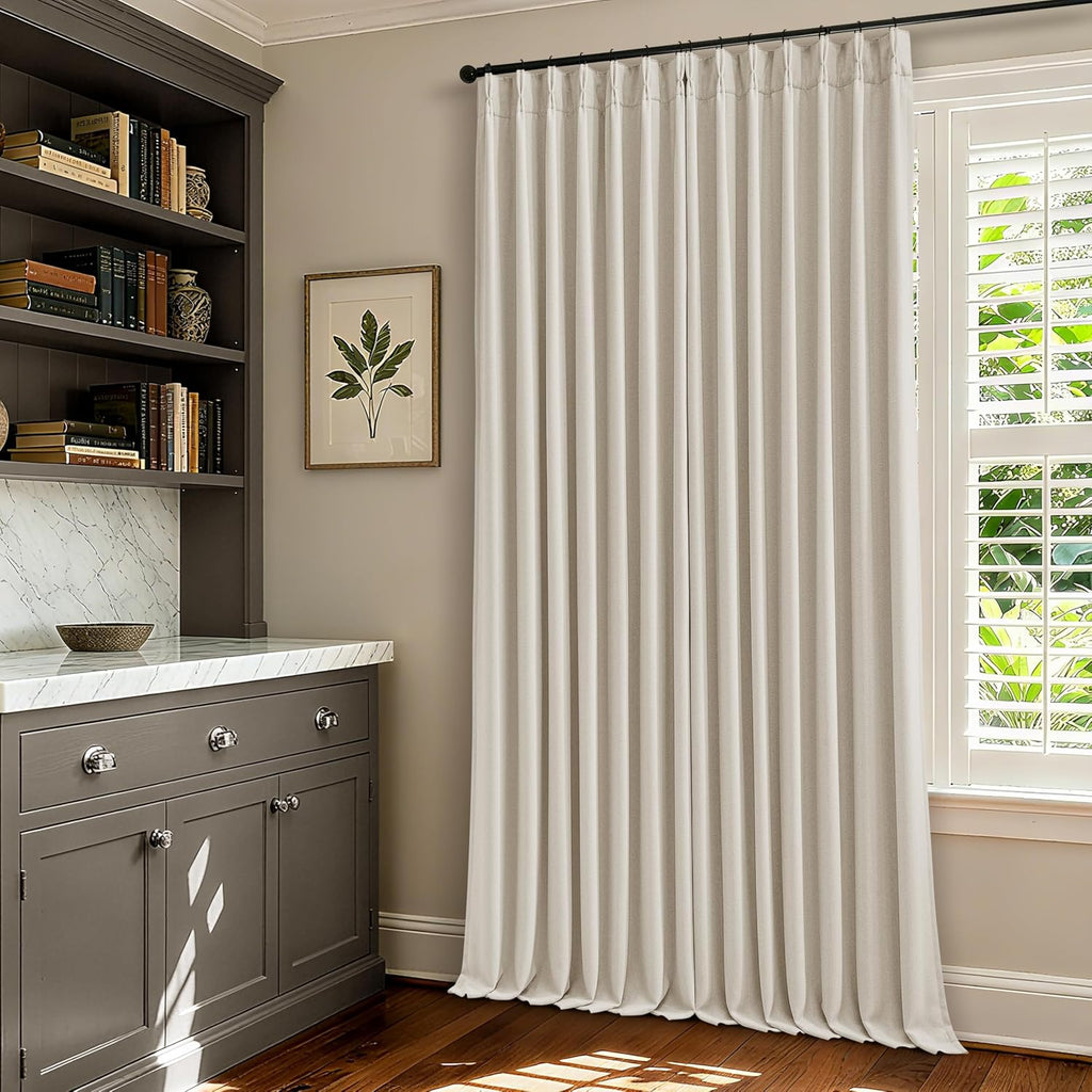 100% Blackout Linen 126 Inch Curtains 2 Panel Set for Bedroom Modern Pinch Pleated Natural Linen Beige White Insulated Heavy Curtain 40 x…