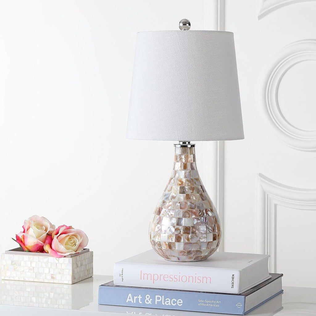 JONATHAN Y 20.5" Seashell Coastal Mini LED Table Lamp for Living Room Office, White Linen Drum Shade, Modern Mother of Pearl Bedside…