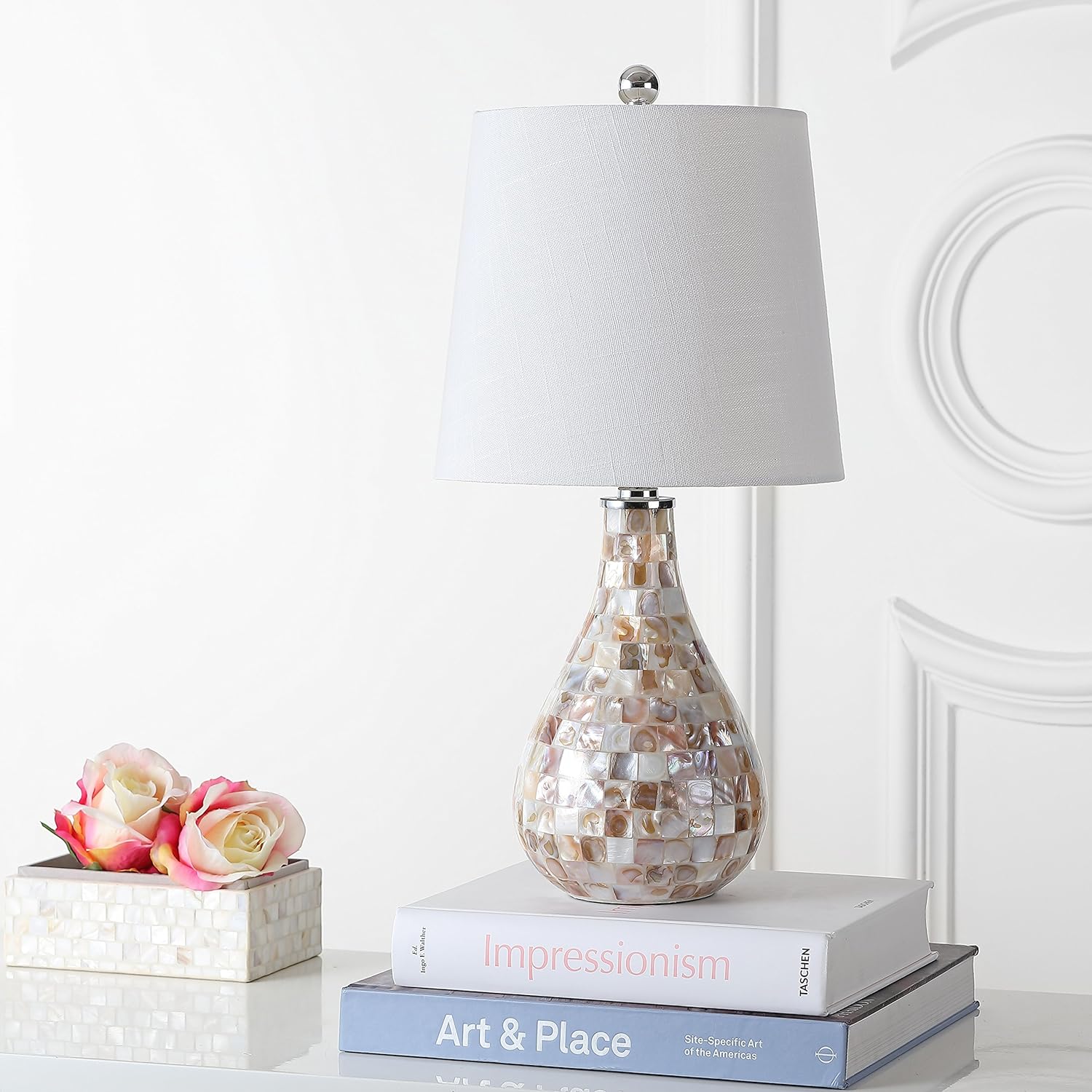 JONATHAN Y 20.5" Seashell Coastal Mini LED Table Lamp for Living Room Office, White Linen Drum Shade, Modern Mother of Pearl Bedside…