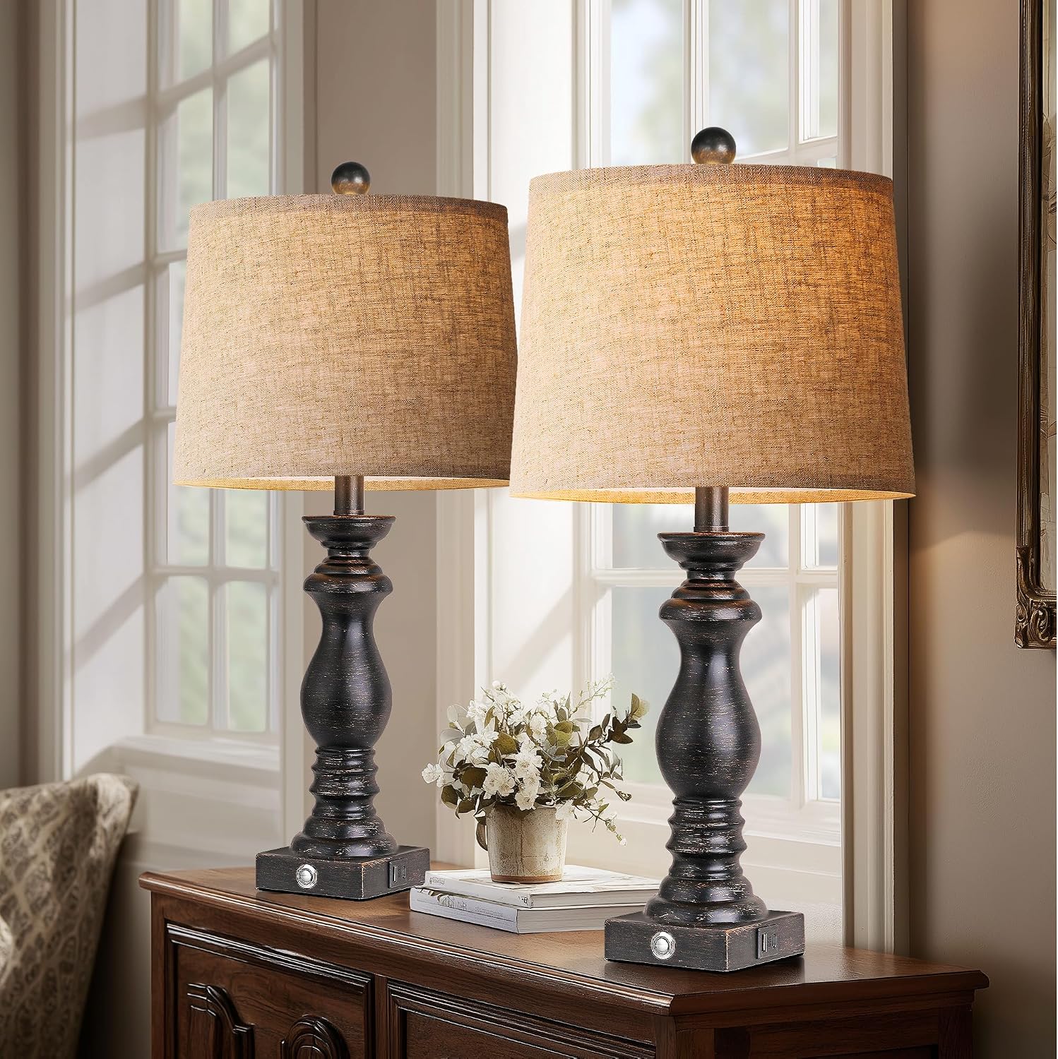 24.5" Table Lamp Set of 2, Rustic Farmhouse Bedside Lamps with USB A+C Charging Ports, 3-Way Dimmable Touch Control Nightstand Lamps for…