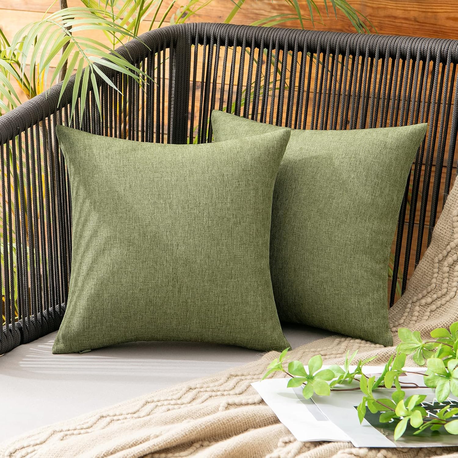 Miulee Pack of 2 Decorative Outdoor Solid Waterproof Throw Pillow Covers Faux Linen Garden Farmhouse Cushion Cases for Patio Tent Balcony C…