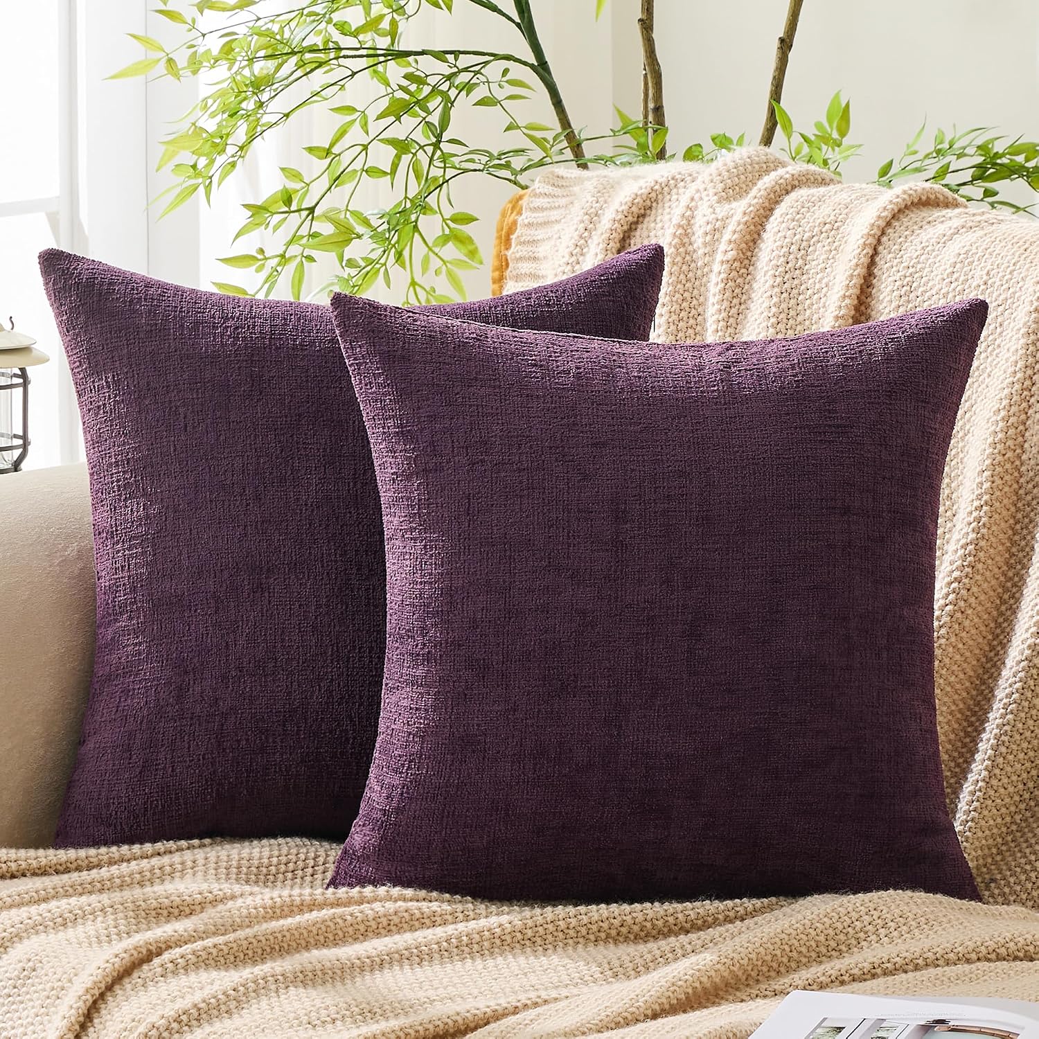 Gawamay Set of 2 Soft Textured Chenille Throw Pillow Covers 22x22 Inch (55x55 CM), Decorative Pillowcases Cushion Covers for Farmhouse Home…