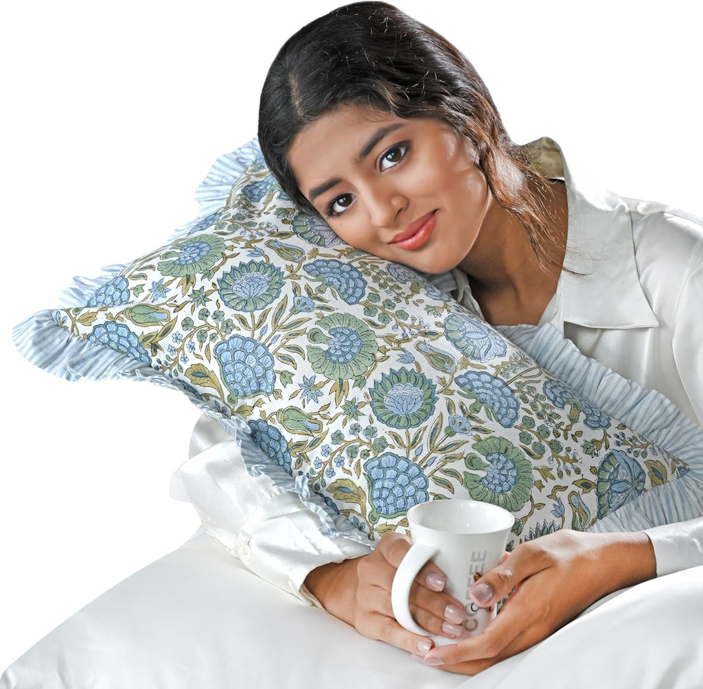 Ridhi Block Print Asparagus Green 20"x12" Set 1-100% Cotton Ruffle Lumbar Sham Cover Boho Floral Pillowcase, Farmhouse Cottagecore…