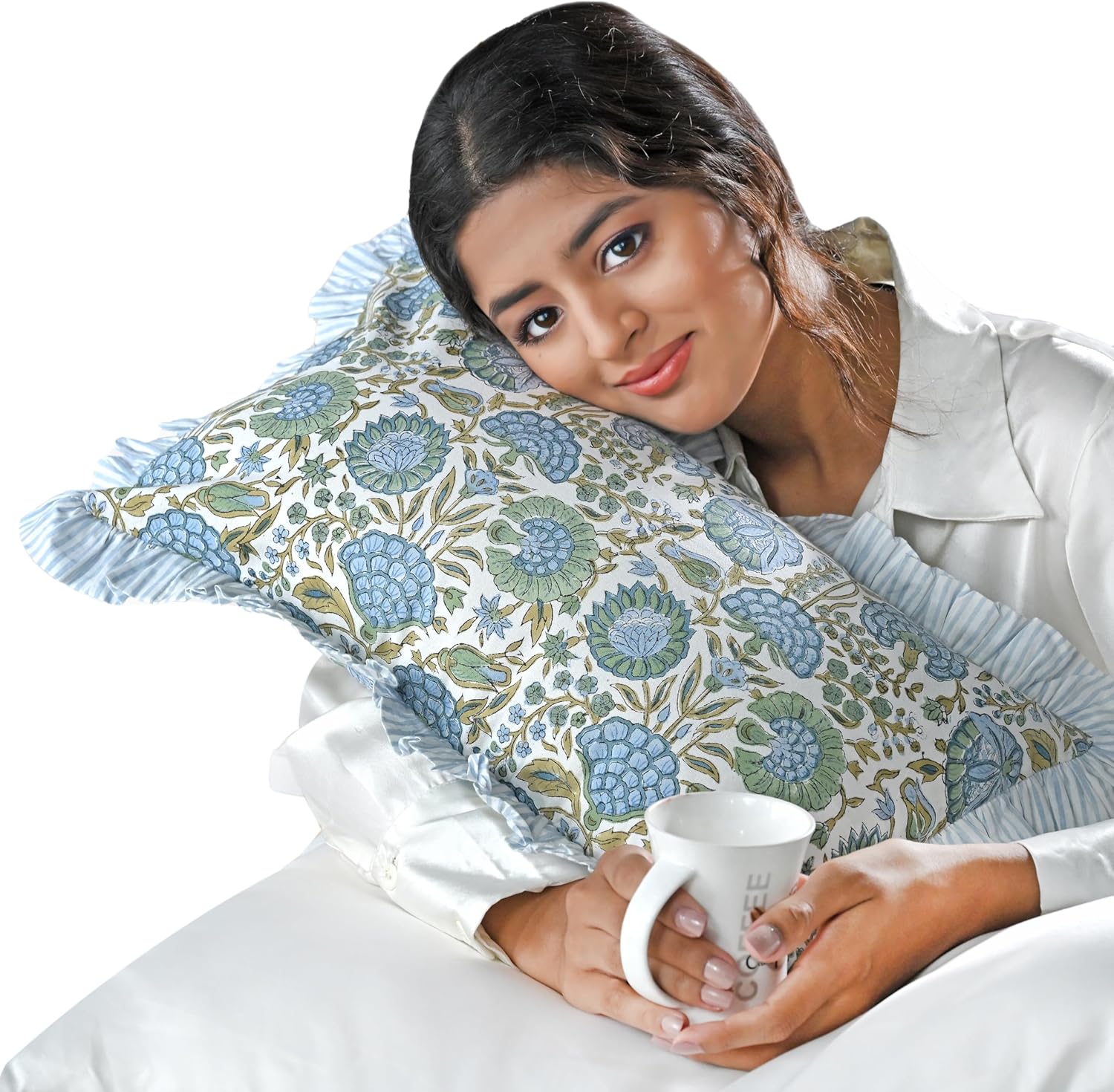 Ridhi Block Print Asparagus Green 20"x12" Set 1-100% Cotton Ruffle Lumbar Sham Cover Boho Floral Pillowcase, Farmhouse Cottagecore…