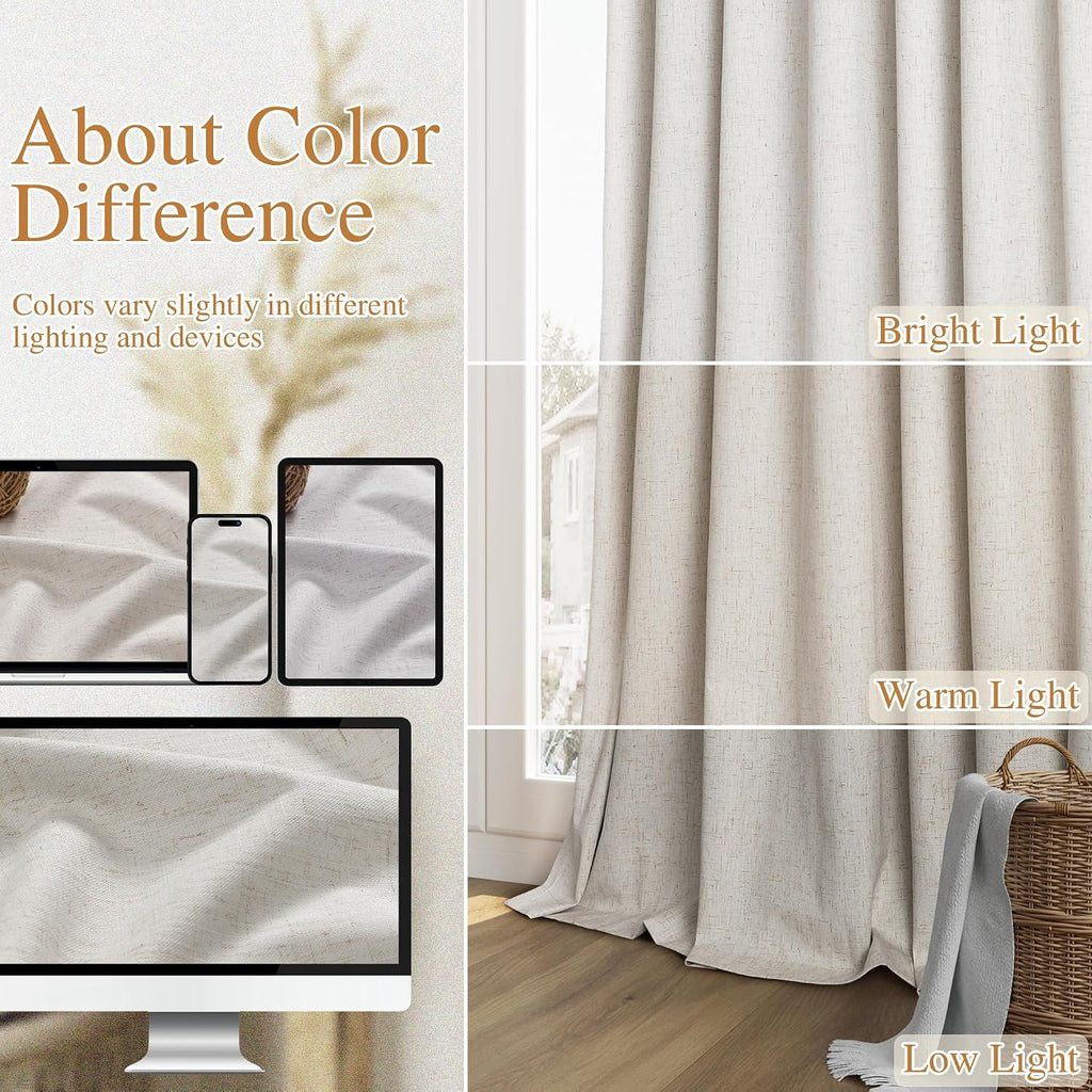 Guken Light Beige Linen 100% Blackout Curtains 96 Inches Long Floor to Ceiling Drapes for Bedroom, Rustic Farmhouse Room Darkening Winter T…