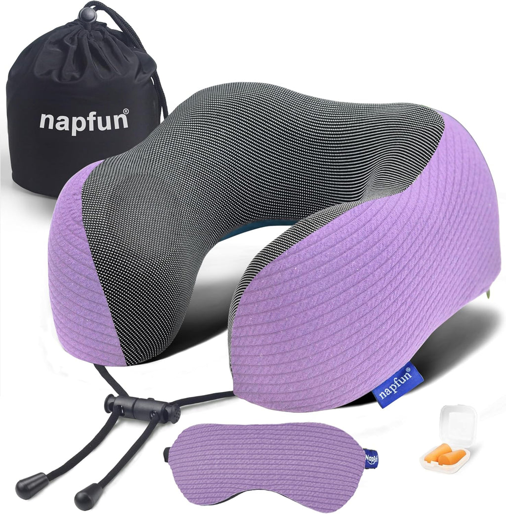 napfun Neck Pillow for Travel with Travel Pouch, Sleep Mask & Earplugs, Memory Foam Airplane Pillow for Headrest Sleep with Eyeshades…